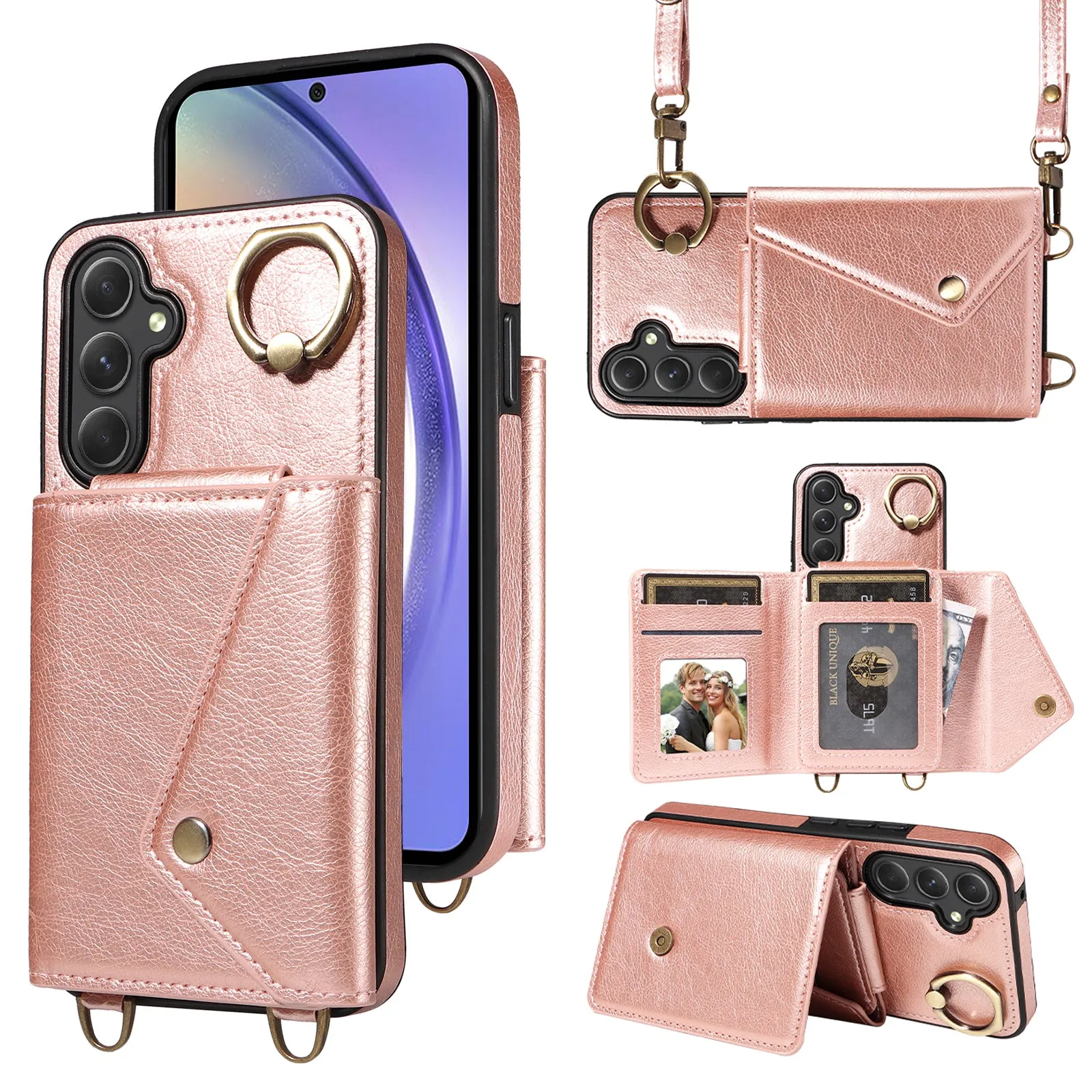 002 Anti-drop Shell for Samsung Galaxy A54 5G , Ring Kickstand Card Bag Litchi Texture Leather TPU Phone Case with Shoulder Strap