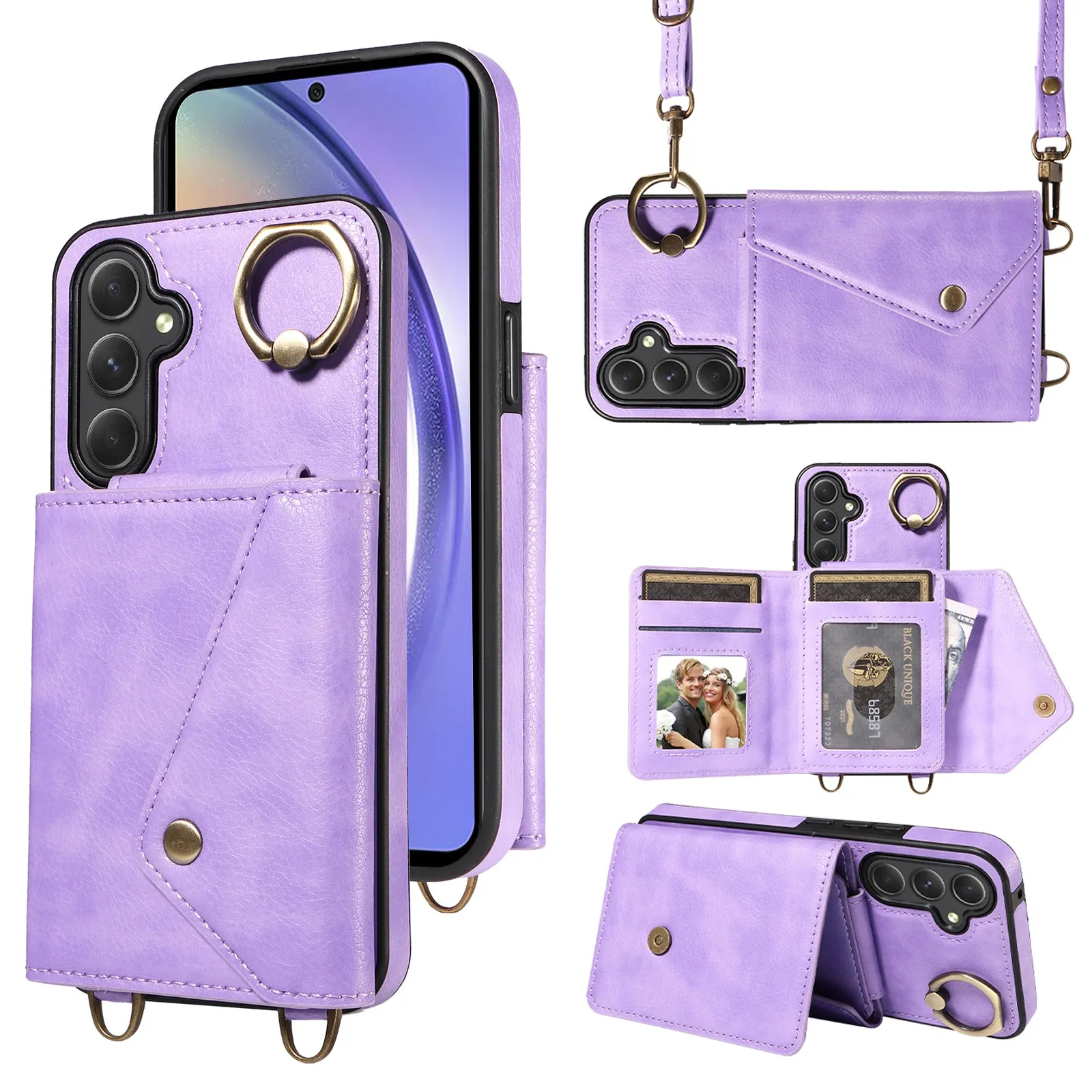 002 Anti-drop Shell for Samsung Galaxy A54 5G , Ring Kickstand Card Bag Litchi Texture Leather TPU Phone Case with Shoulder Strap