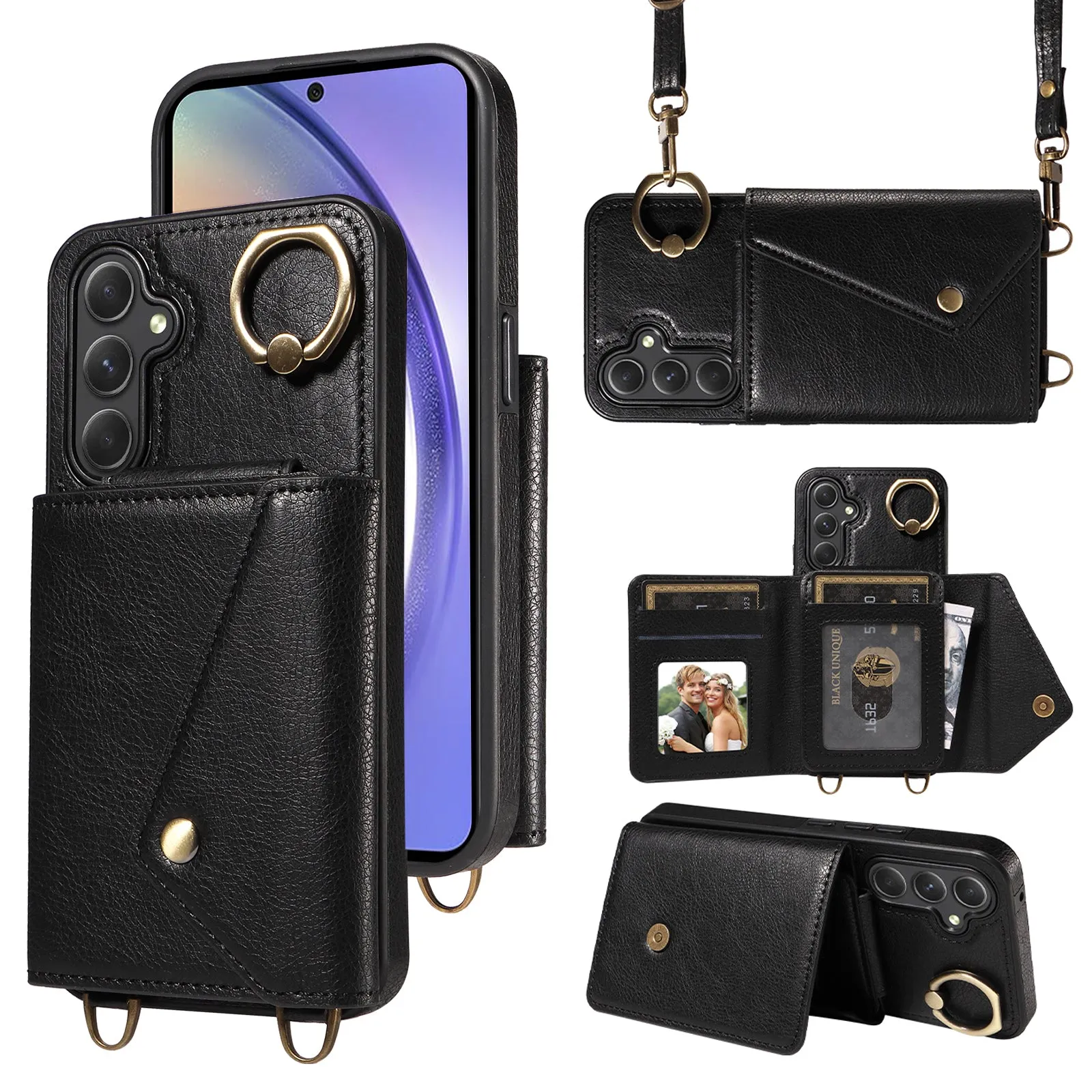 002 Anti-drop Shell for Samsung Galaxy A54 5G , Ring Kickstand Card Bag Litchi Texture Leather TPU Phone Case with Shoulder Strap