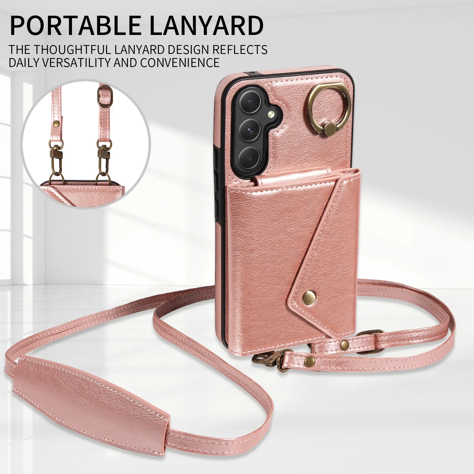 002 Anti-drop Shell for Samsung Galaxy A54 5G , Ring Kickstand Card Bag Litchi Texture Leather TPU Phone Case with Shoulder Strap