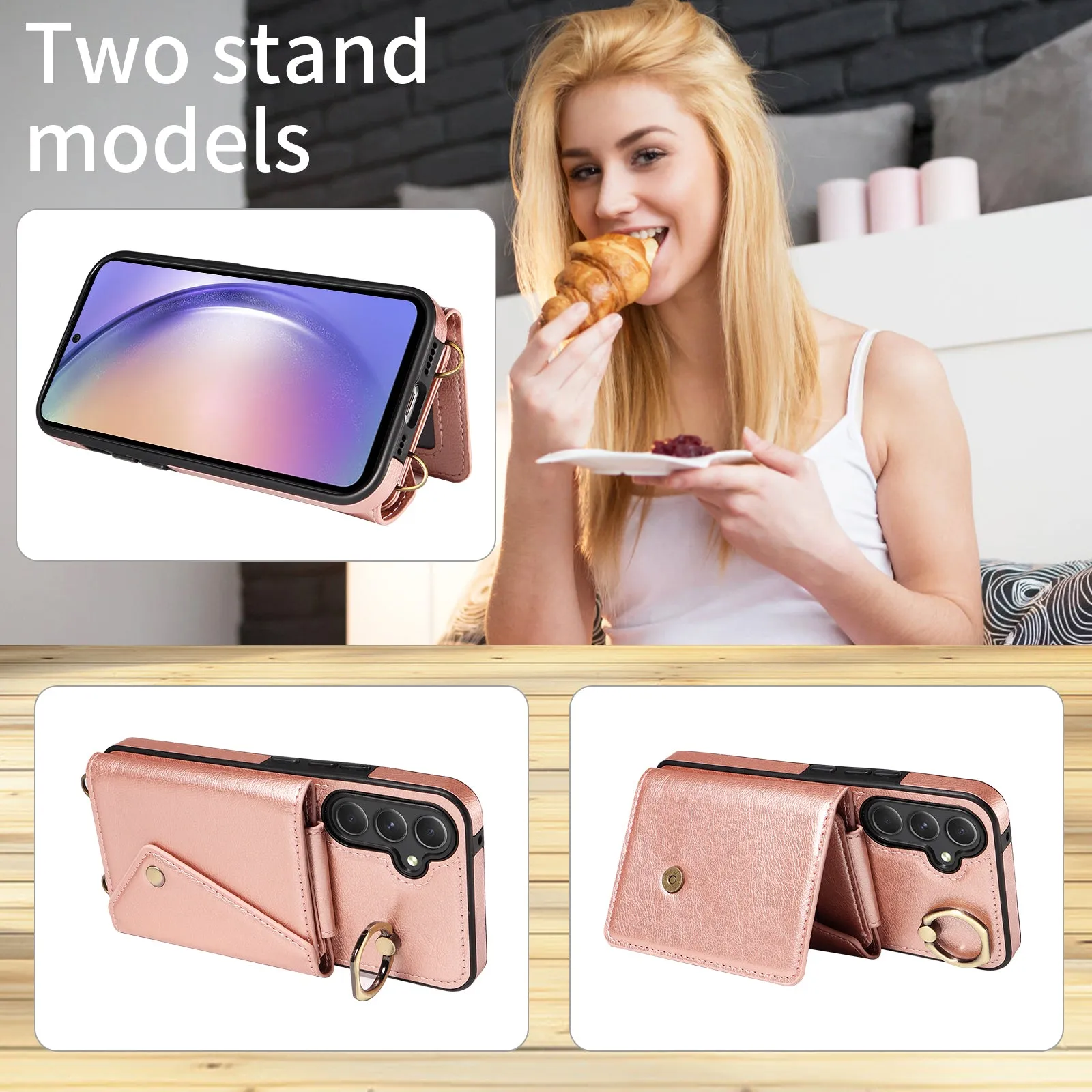 002 Anti-drop Shell for Samsung Galaxy A54 5G , Ring Kickstand Card Bag Litchi Texture Leather TPU Phone Case with Shoulder Strap