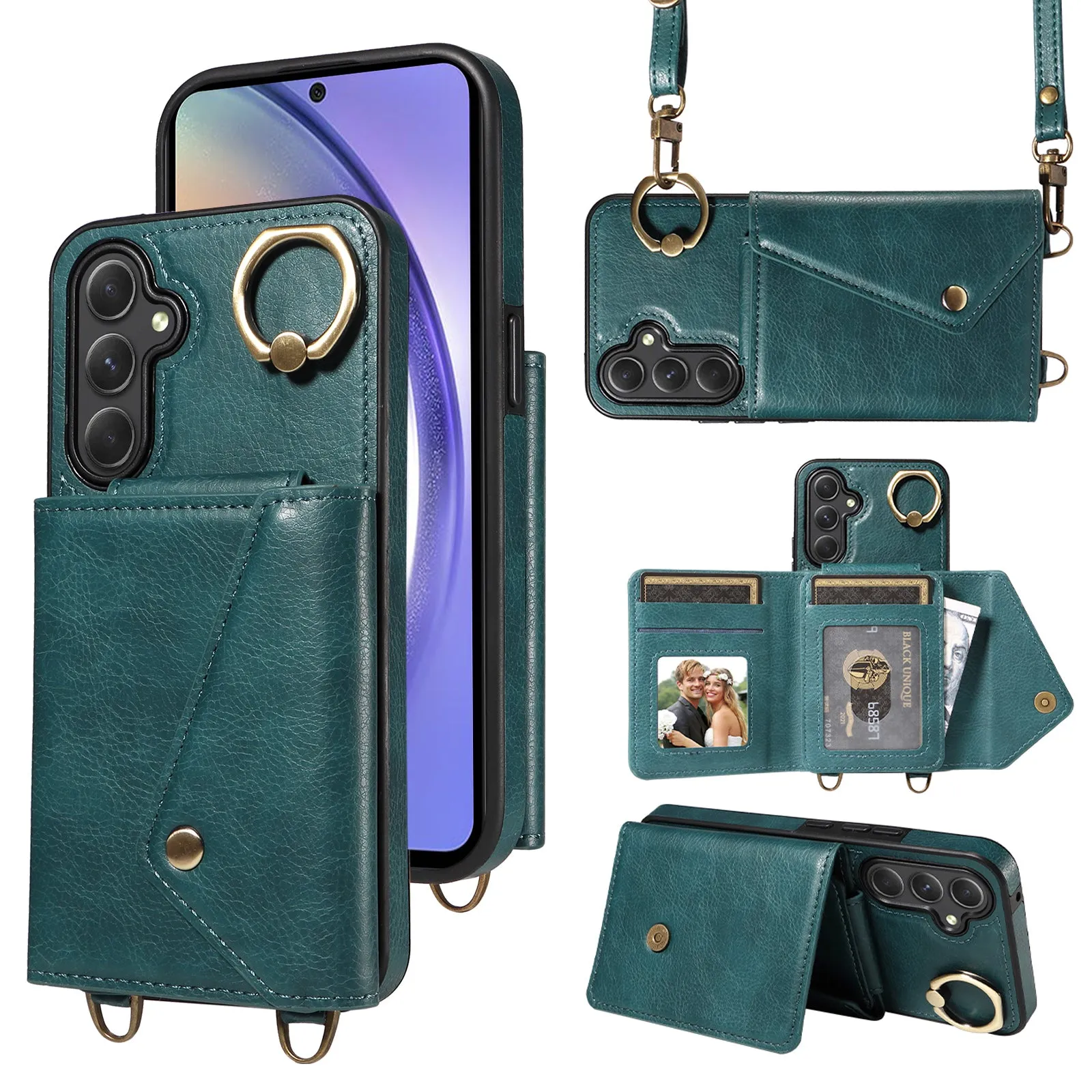 002 Anti-drop Shell for Samsung Galaxy A54 5G , Ring Kickstand Card Bag Litchi Texture Leather TPU Phone Case with Shoulder Strap