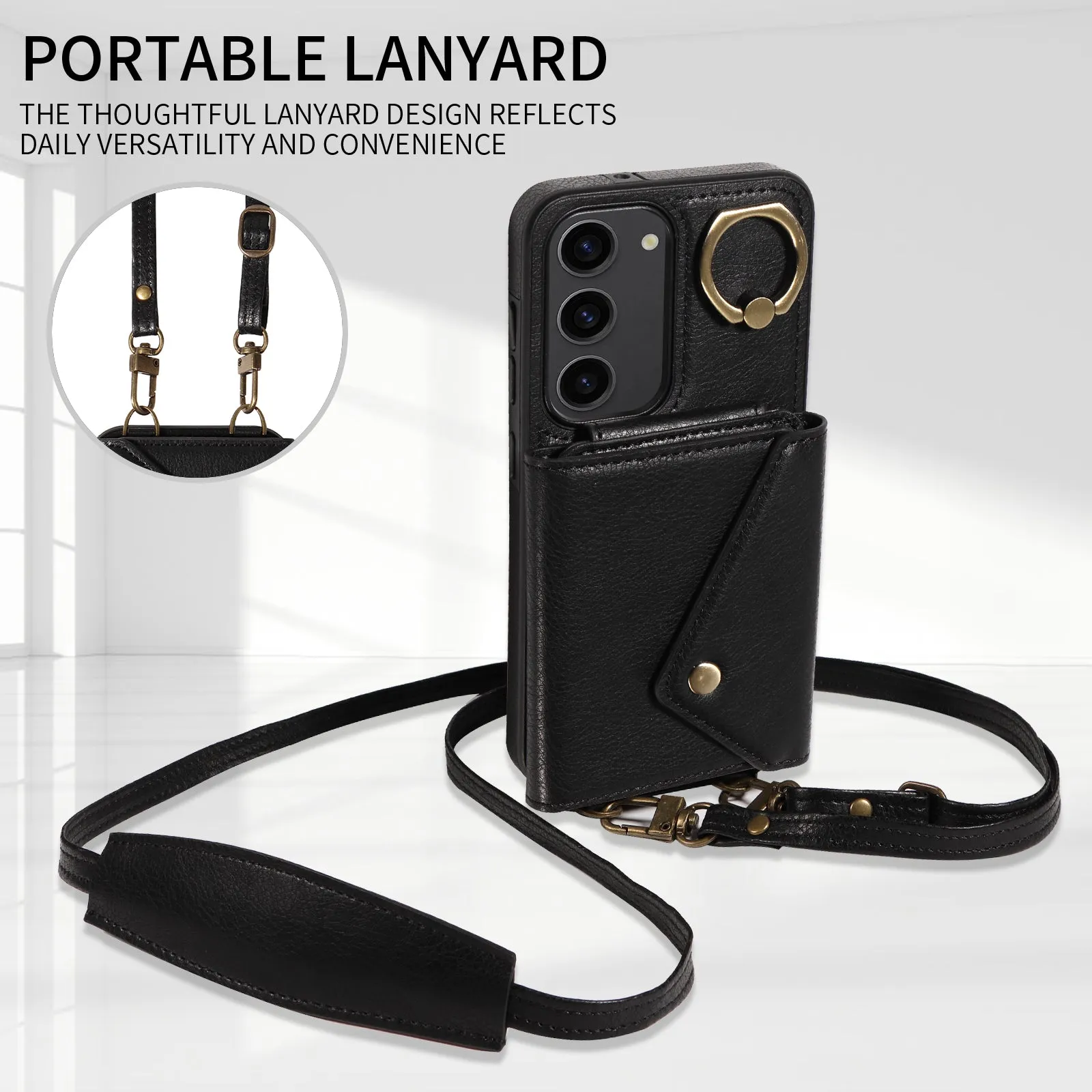 002 Protective Shell for Samsung Galaxy S23 , Ring Kickstand Litchi Texture Leather TPU Card Bag Phone Case with Shoulder Strap