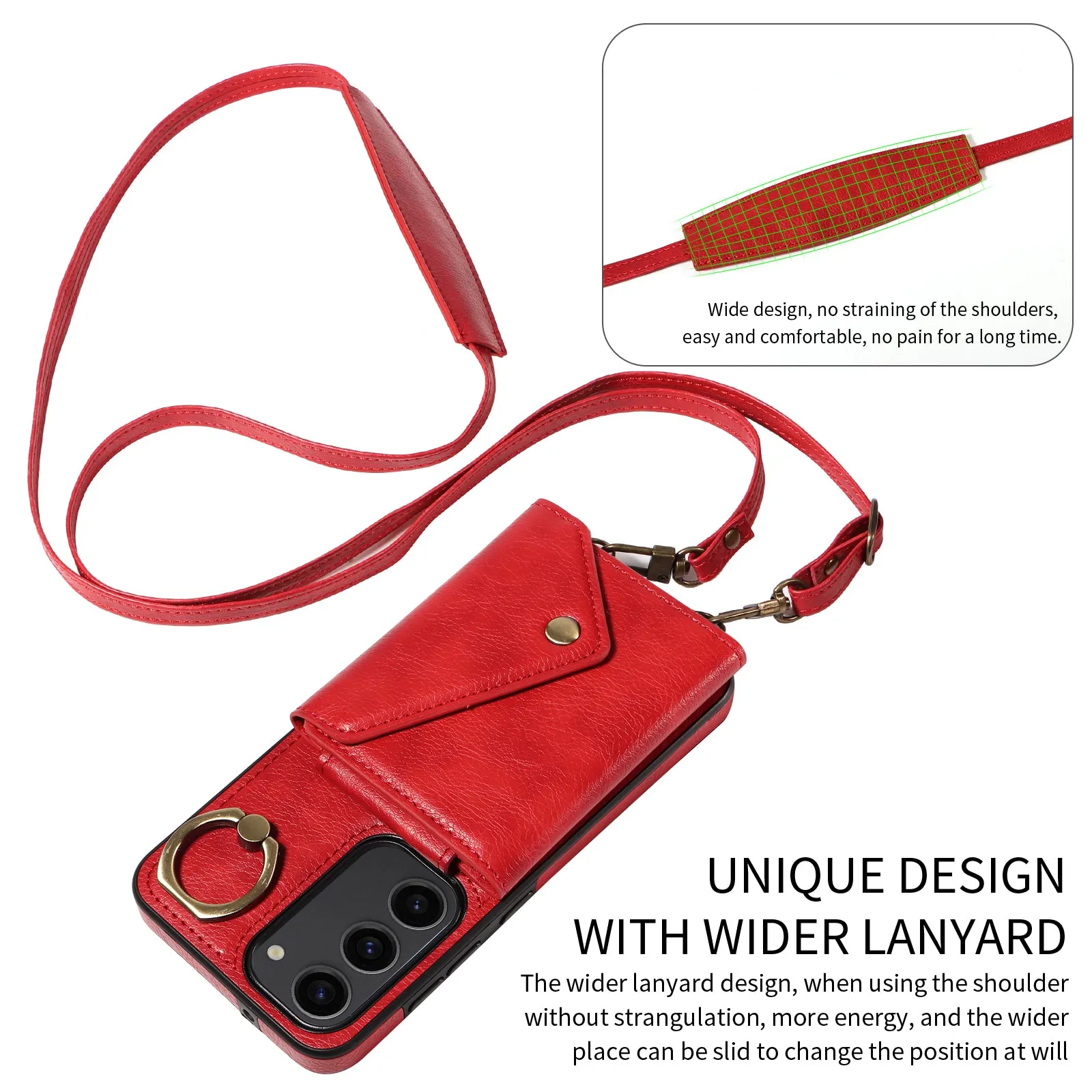 002 Protective Shell for Samsung Galaxy S23 , Ring Kickstand Litchi Texture Leather TPU Card Bag Phone Case with Shoulder Strap