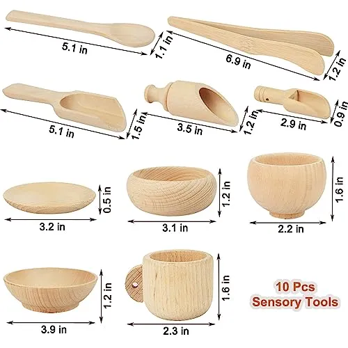 10 Pcs Wooden Sensory Bin Tools for Toddlers & Preschool Children, Montessori Sensory Wooden Toys Fine Motor Learning Pretend Play Sensory Tools for