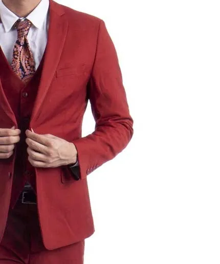 3 piece Brick Red Slim Fit Men's Suit with Vest Set