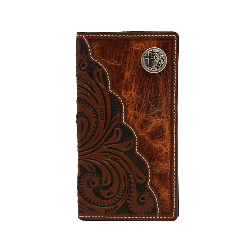 3D Men's Brown Floral Tooled Cross Concho Rodeo Wallet