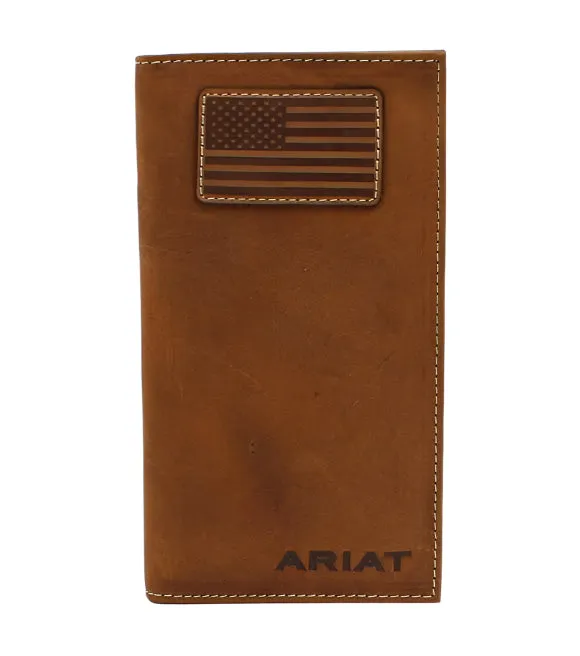 Ariat Men’s Brown Flag Patch Checkbook Leather Rodeo Wallet, A3548344