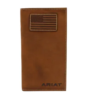 Ariat Men’s Brown Flag Patch Checkbook Leather Rodeo Wallet, A3548344