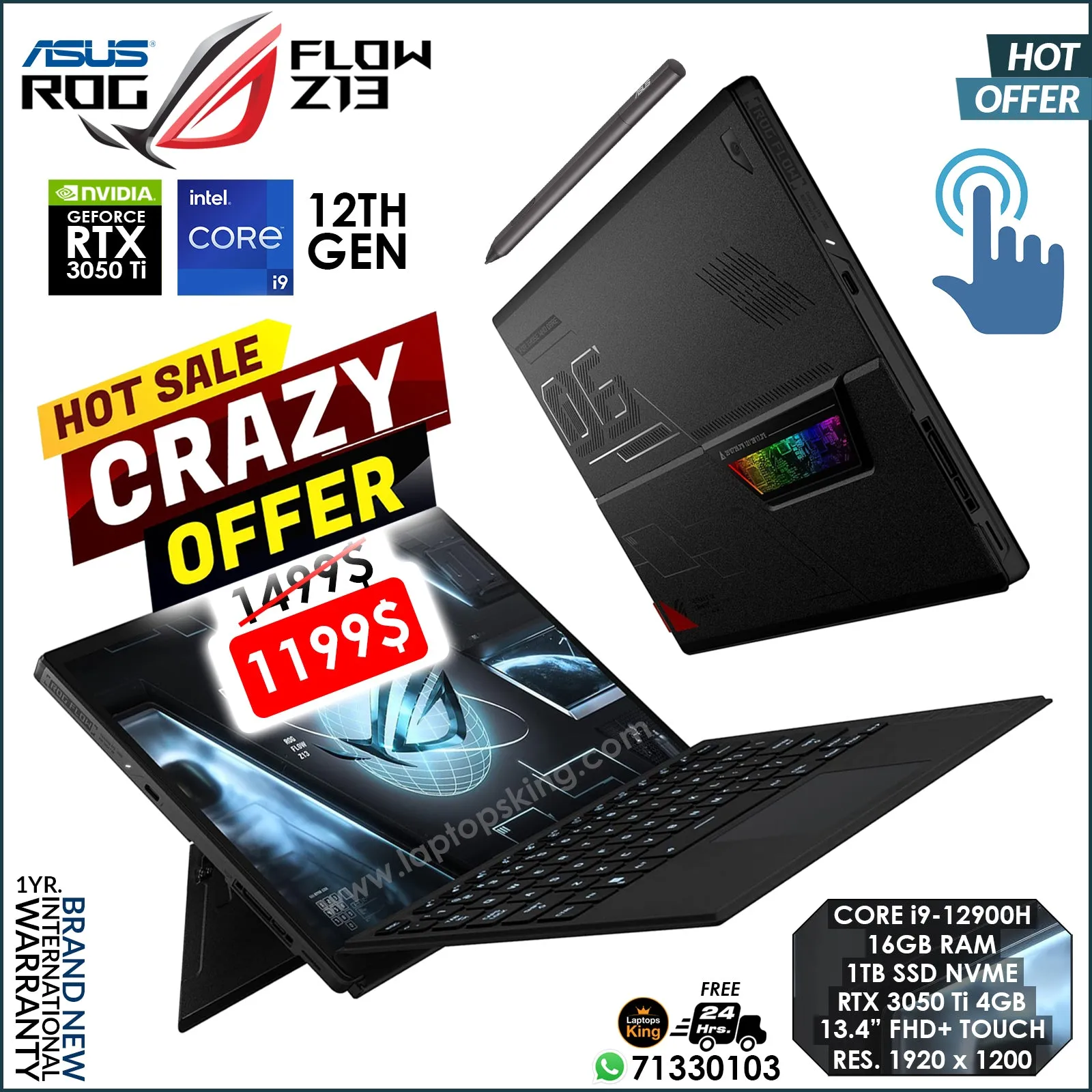 Asus Rog Flow Z13 2in1 Core i9-12900h Rtx 3050 Ti FHD  | Touch Detachable Laptop Offer (Brand New)