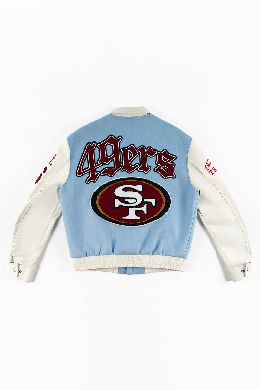 BABY BLUE/WHITE: WOOL & LEATHER VARSITY JACKET