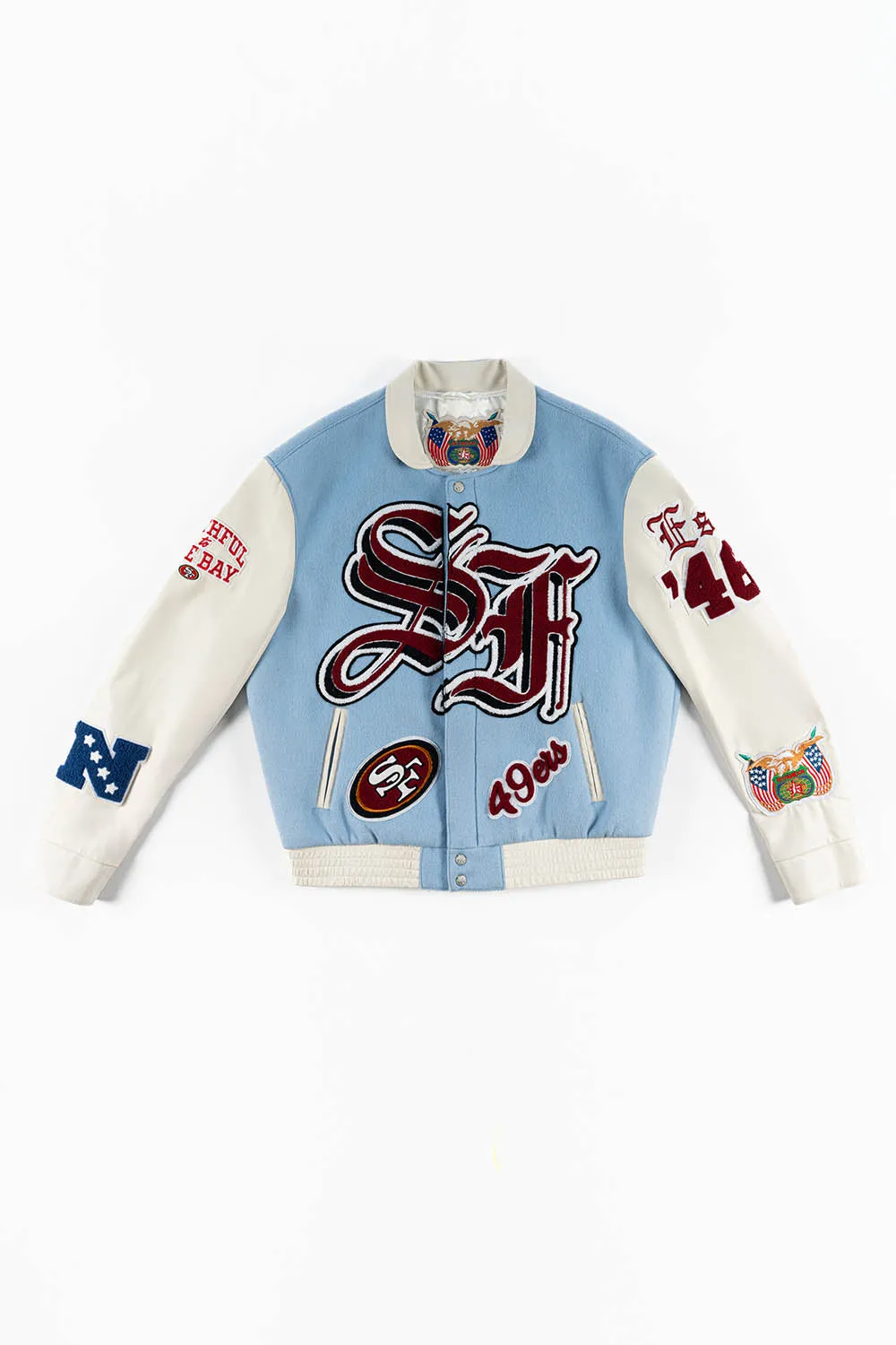 BABY BLUE/WHITE: WOOL & LEATHER VARSITY JACKET