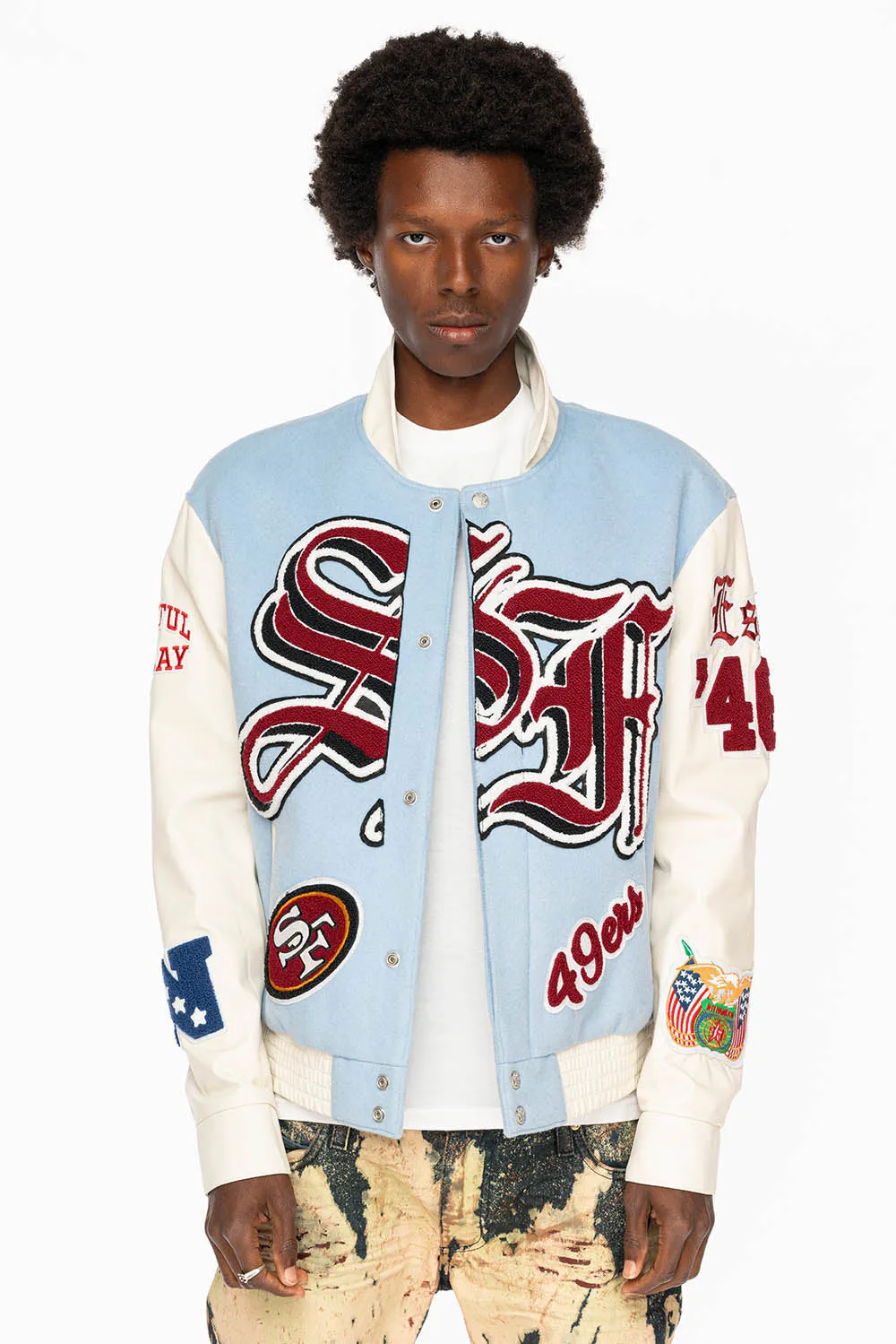 BABY BLUE/WHITE: WOOL & LEATHER VARSITY JACKET