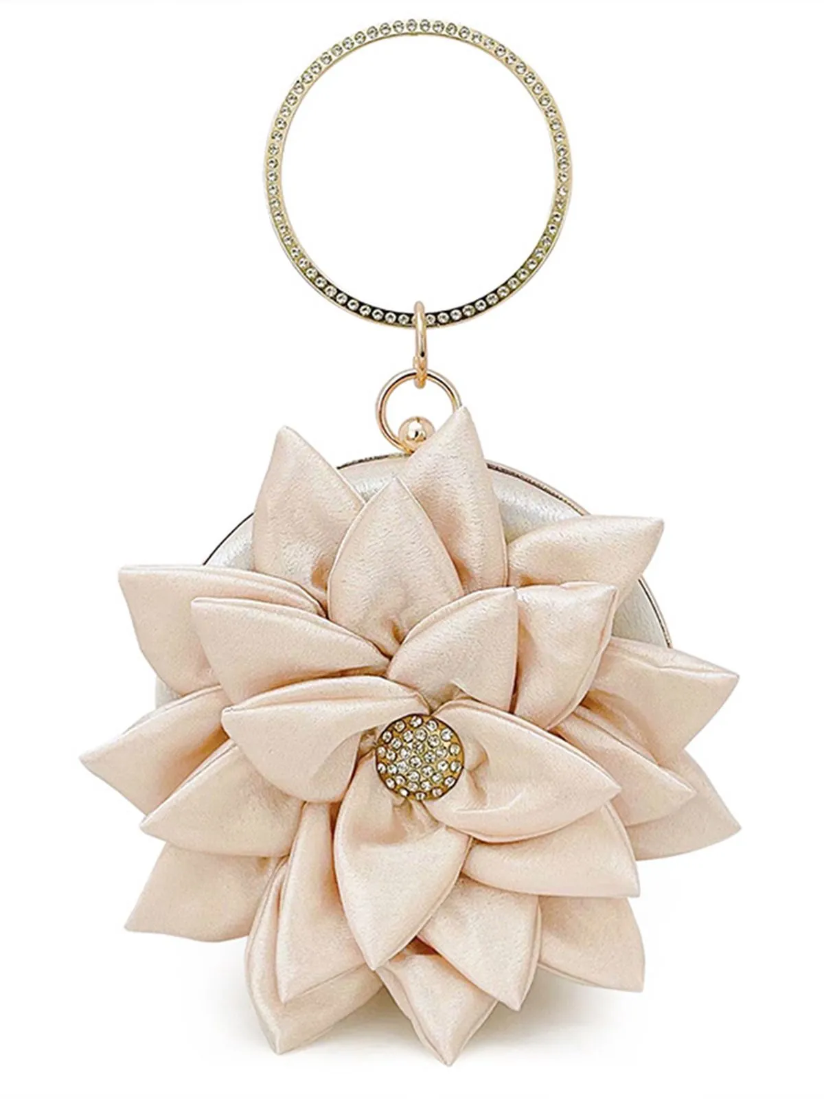 Beige Rhinestone 3D Flower Satin Clutch Bag