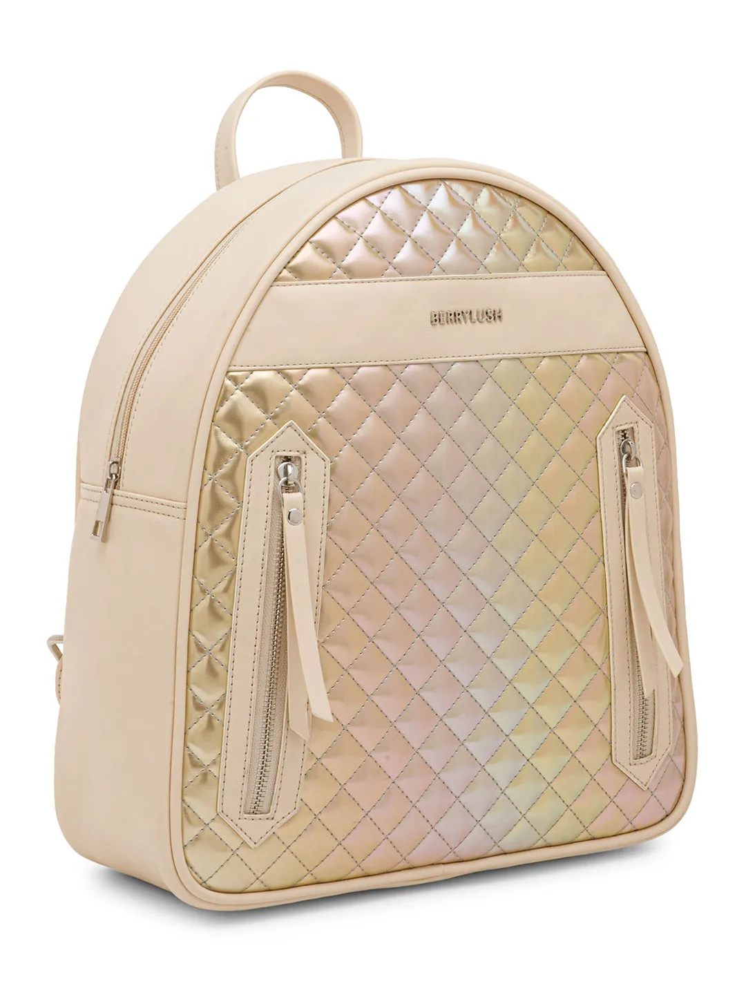 Berrylush Women Solid Beige Synthetic Leather Zipper-Up Quilted Backpack