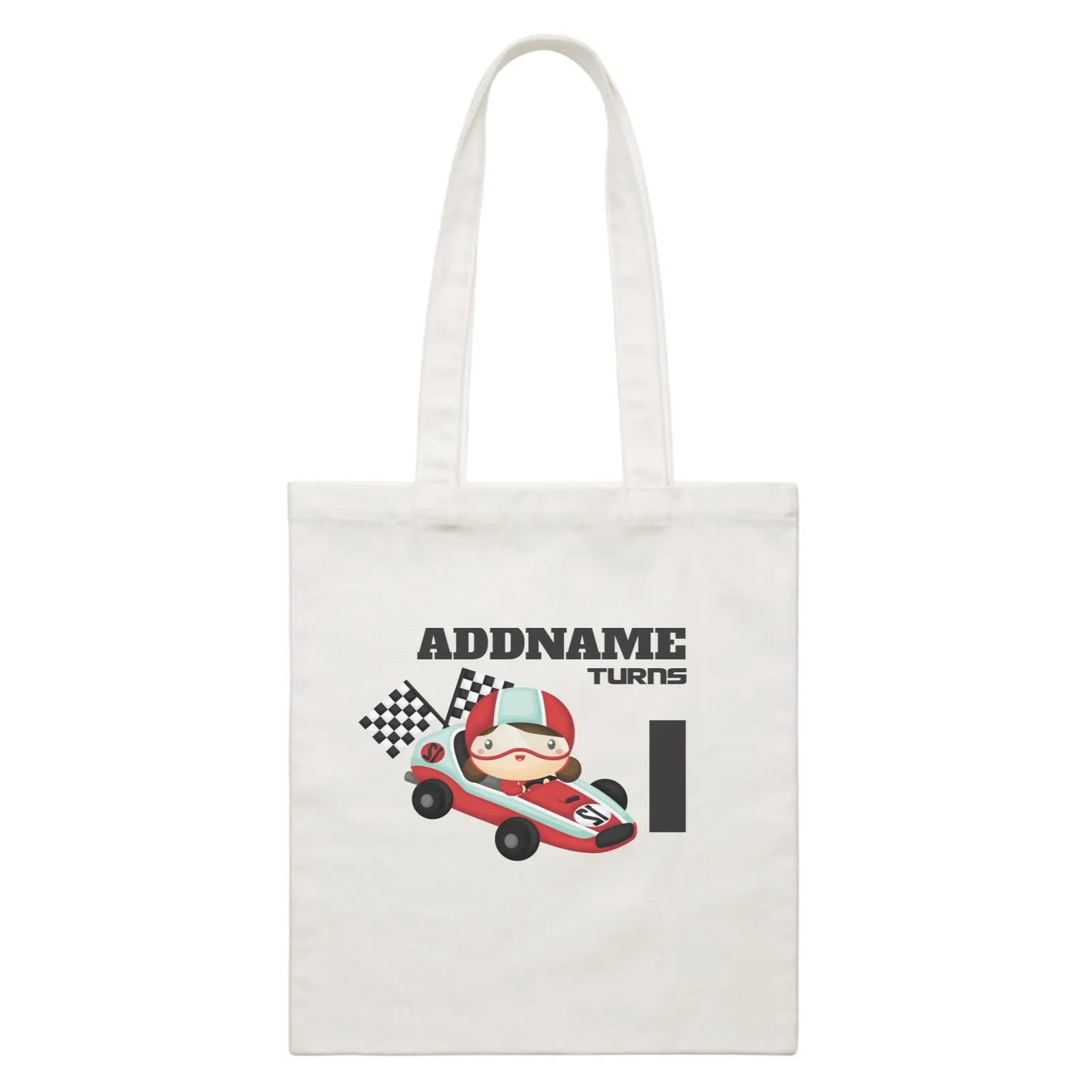 Birthday Cars Race Racer Girl With Racing Cars Addname Turns 1 White Canvas Bag