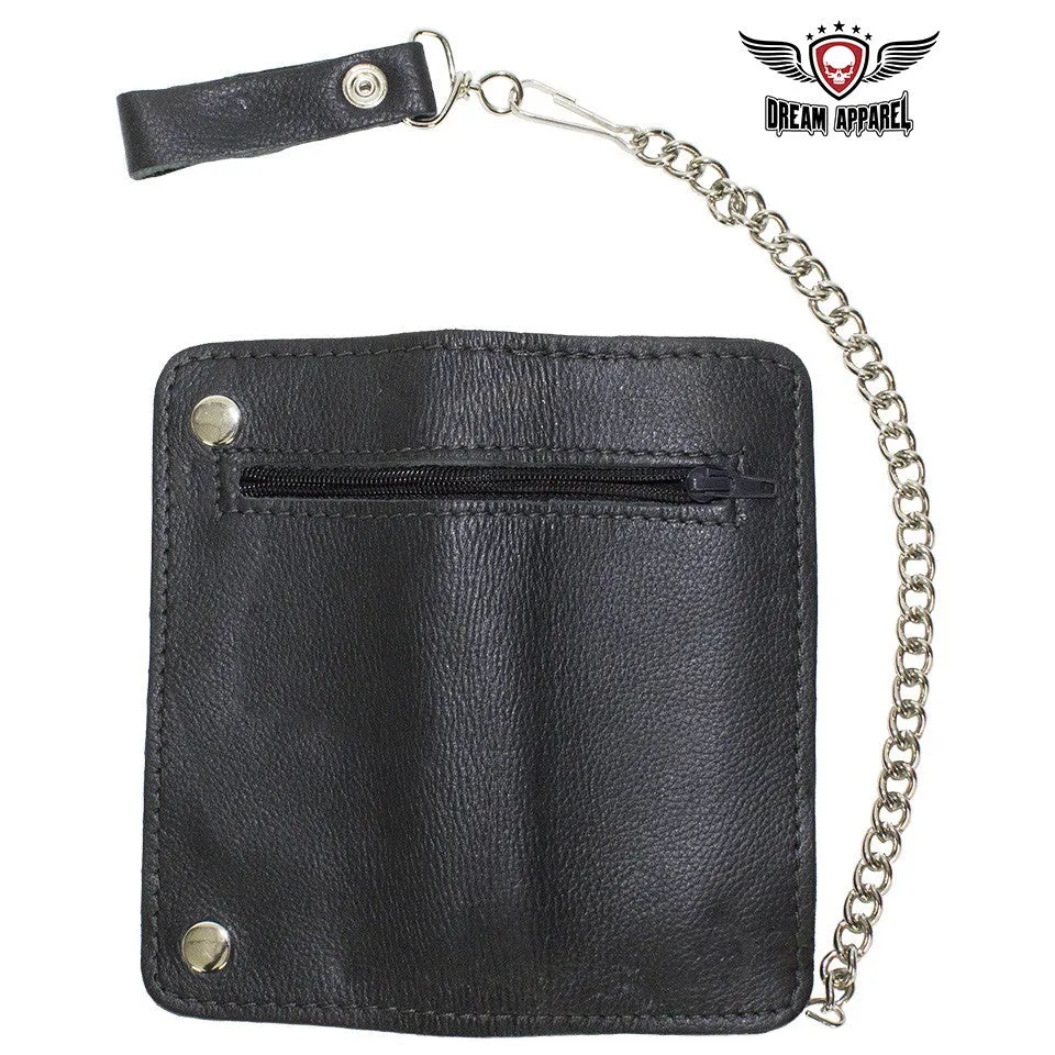 Black Leather Chain Wallet with Zipper