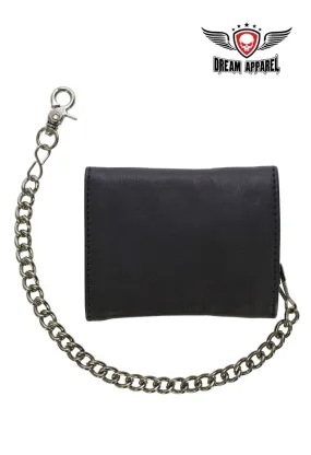 Black Multi-Pocket Naked Cowhide Leather Tri-Fold Wallet with Chain