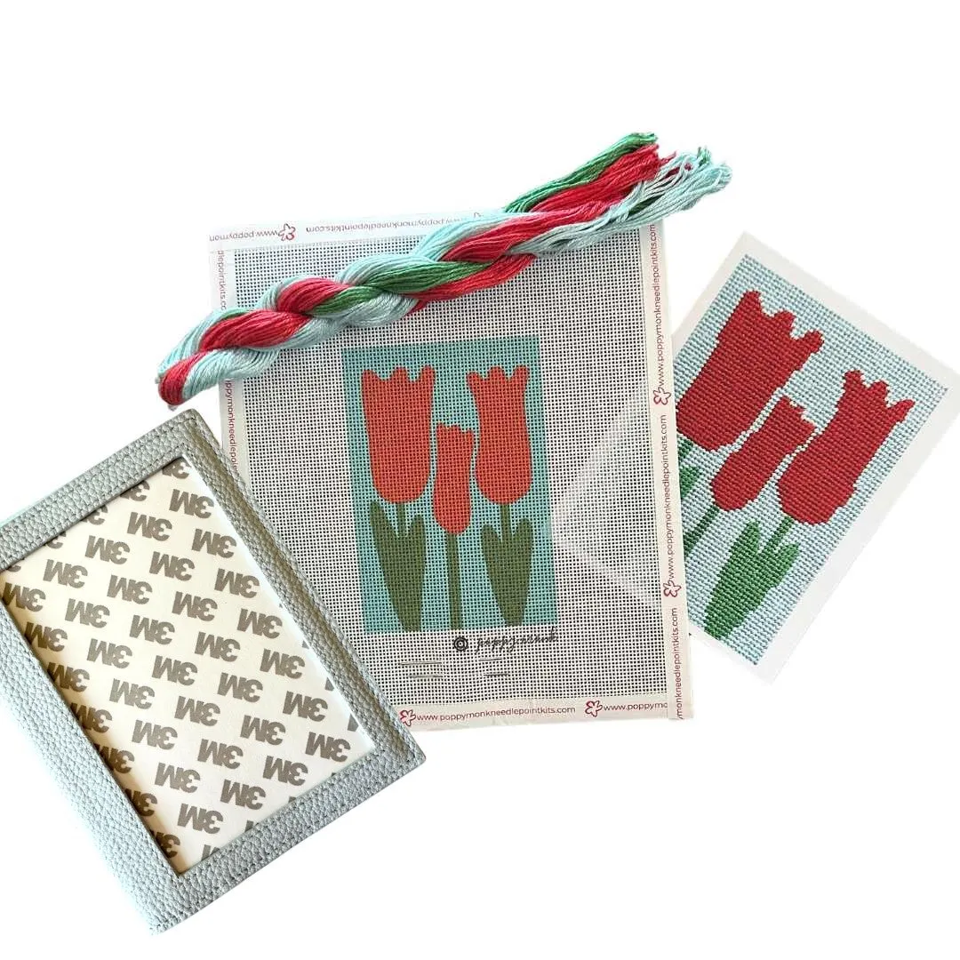 Blue Leather Passport Wallet   Tulips Needlepoint Kit