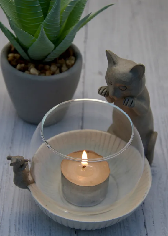 Cat and Mouse Tea Light Holder and Cat and Book Candle Holder - Gift Set