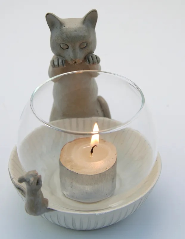 Cat and Mouse Tea Light Holder and Cat and Book Candle Holder - Gift Set