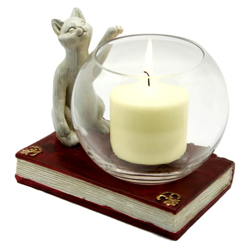 Cat and Mouse Tea Light Holder and Cat and Book Candle Holder - Gift Set