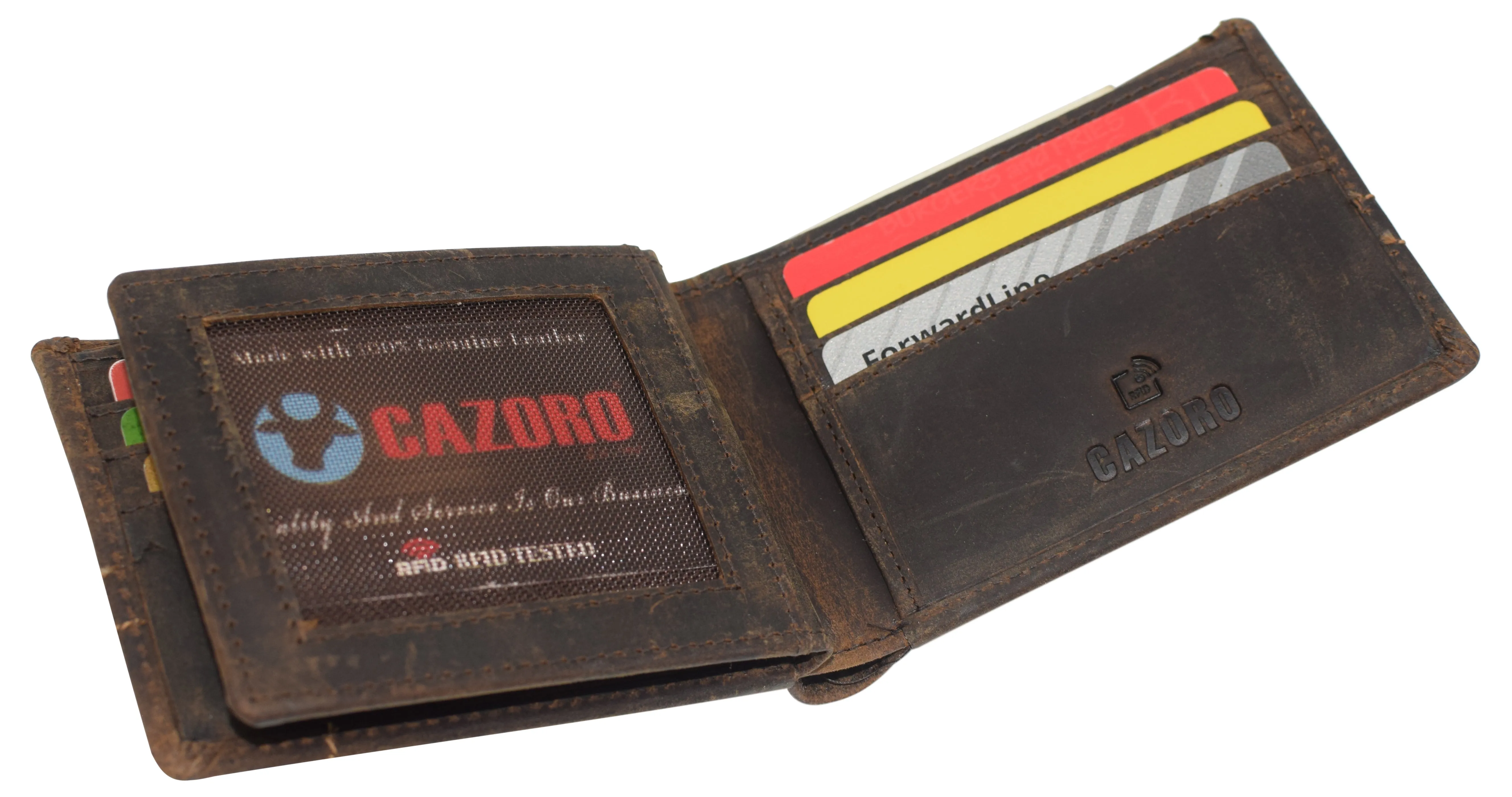 CAZORO RFID Blocking Men's Handmade Vintage Distressed Genuine Leather Bifold ID Window Wallet for Men