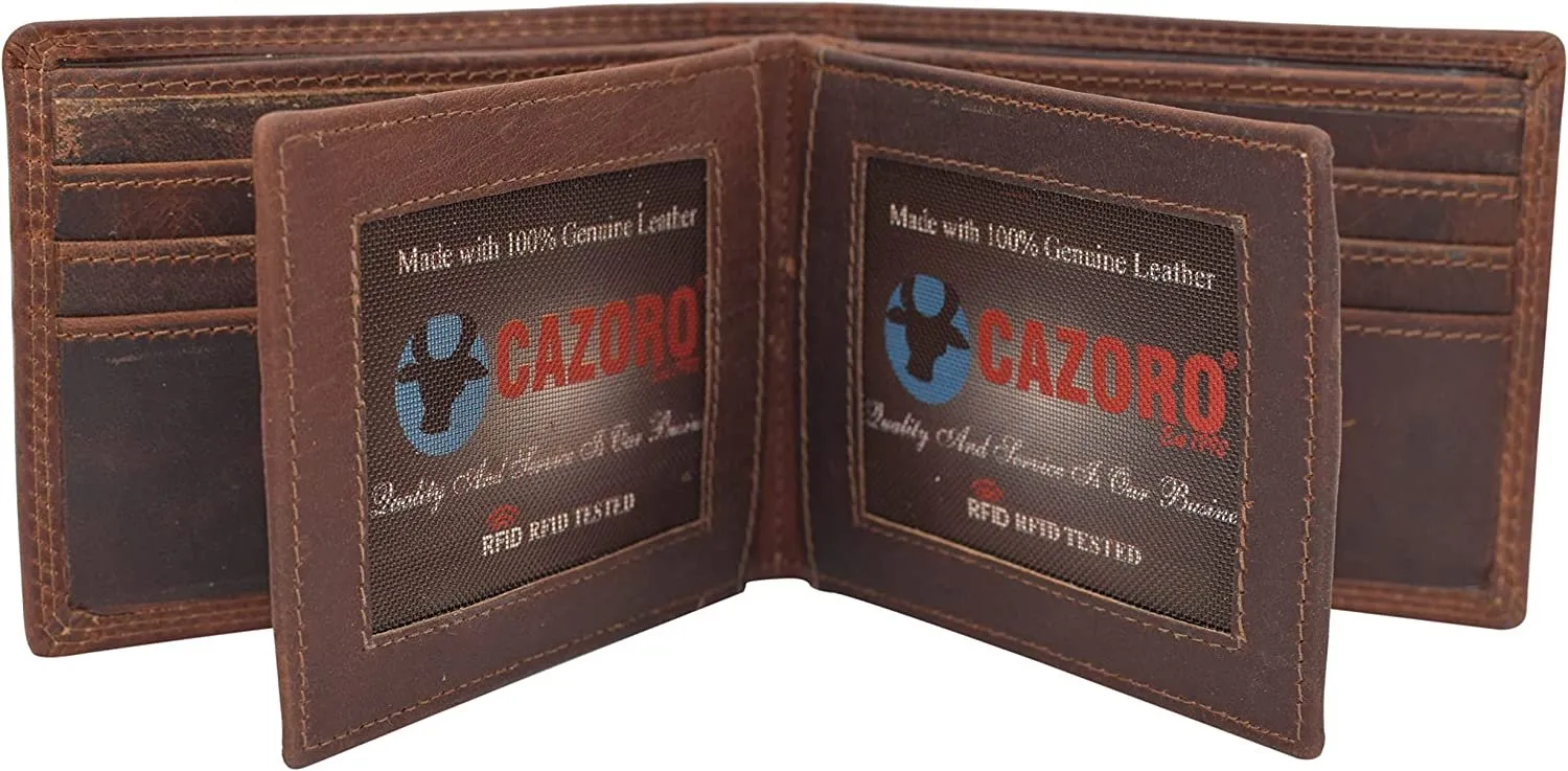 CAZORO Wallets For Men Vintage Leather RFID Protected Large Bifold Double ID Window Wallet With Box (Burgundy)