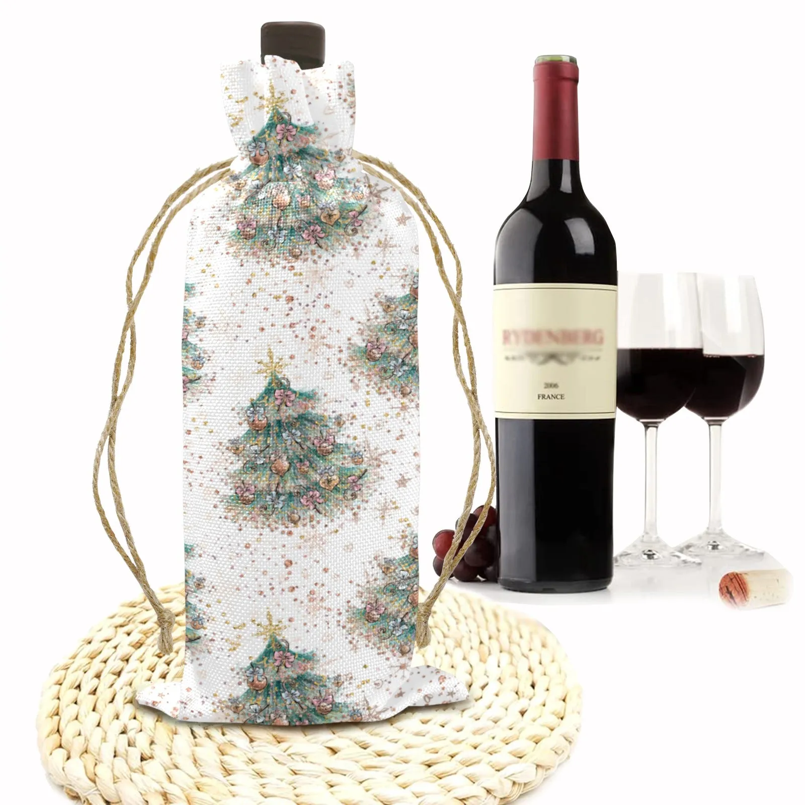 Christmas Trees Linen Wine Bottle Bag