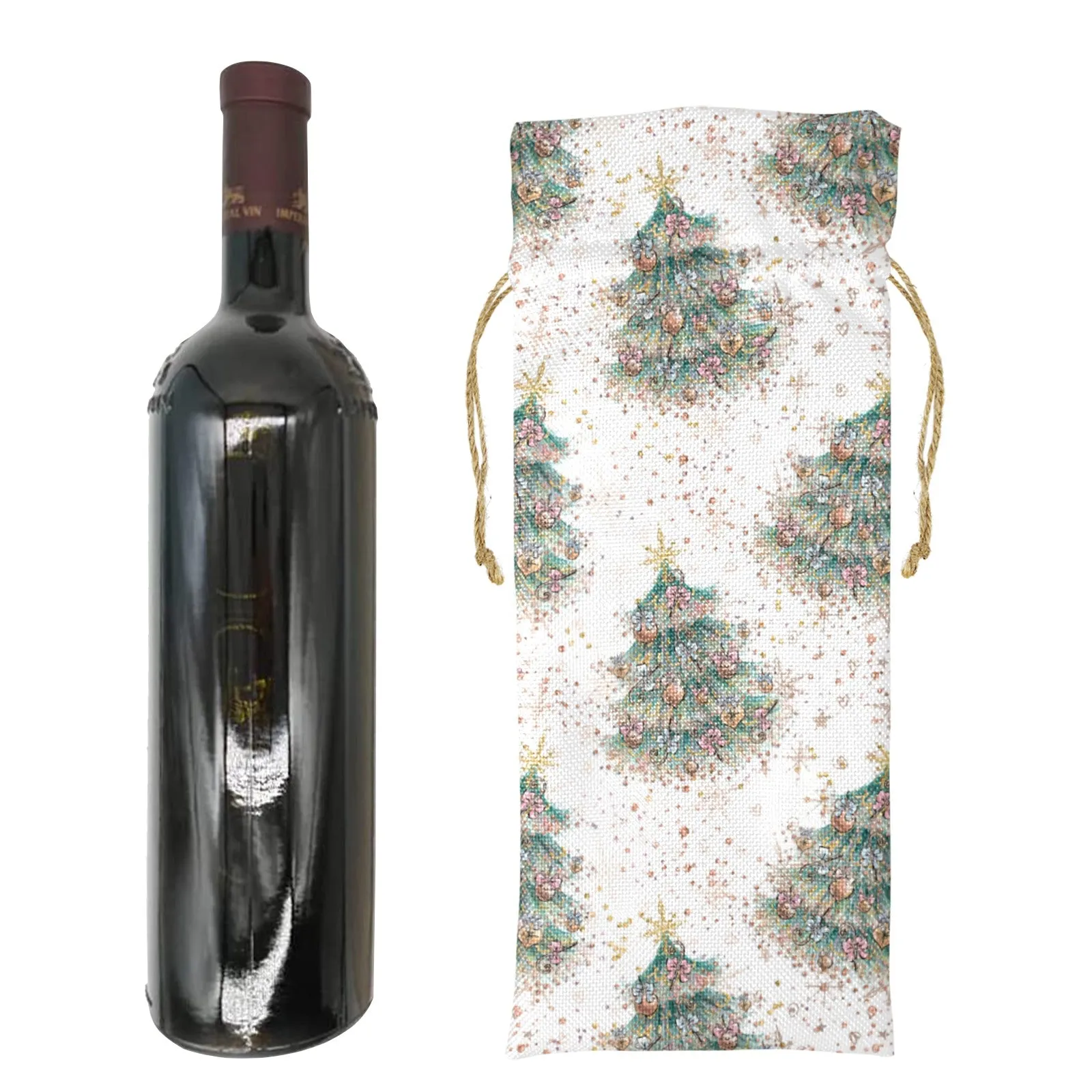 Christmas Trees Linen Wine Bottle Bag