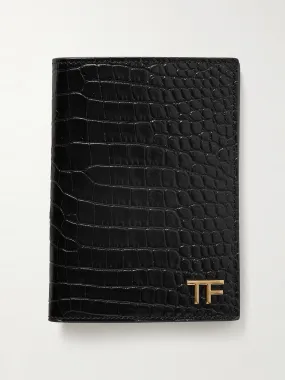 Croc-effect glossed-leather passport holder