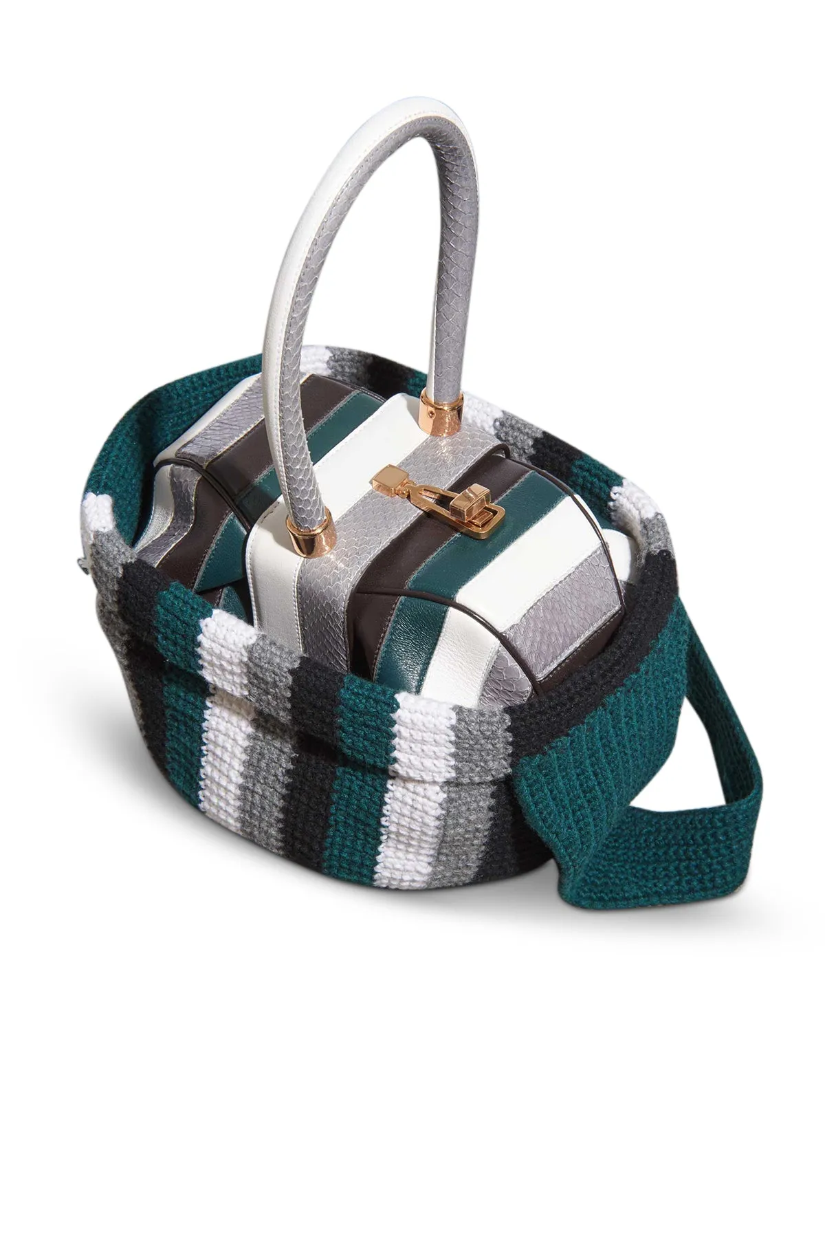 Crossover Knit Bag in Green, Ivory & Grey Cashmere