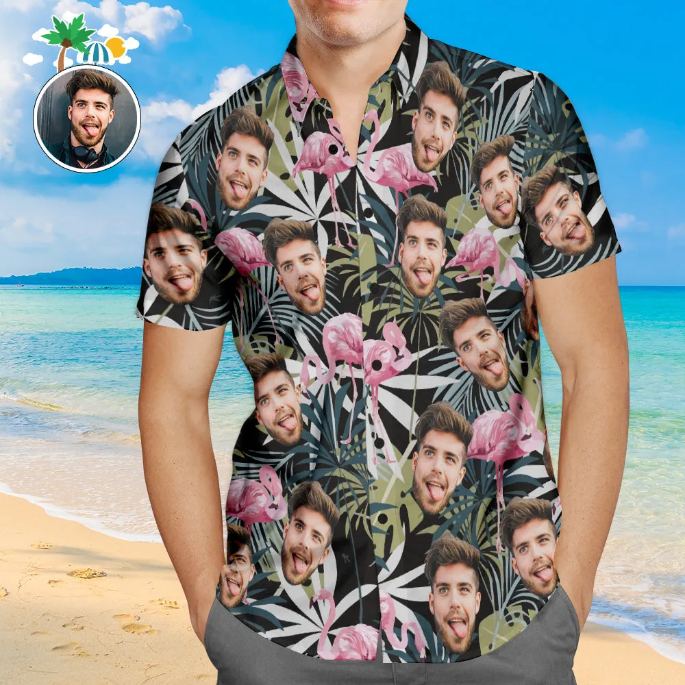 Custom Face Hawaiian Shirt Leaves and Flamingo Personalised Aloha Beach Shirt For Men