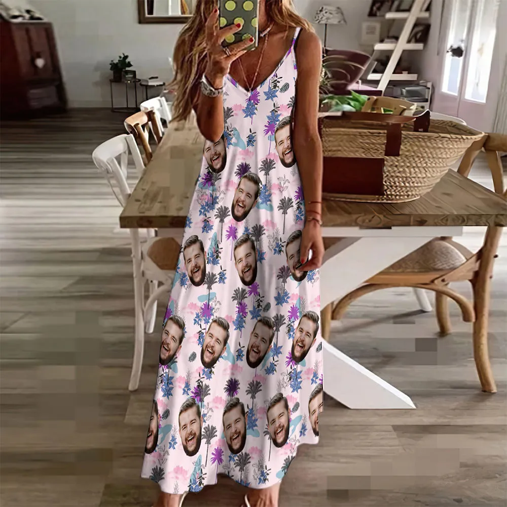 Custom Face Hawaiian Style All Over Print Clouds And Trees Long Dress And Shirt Couple Outfit