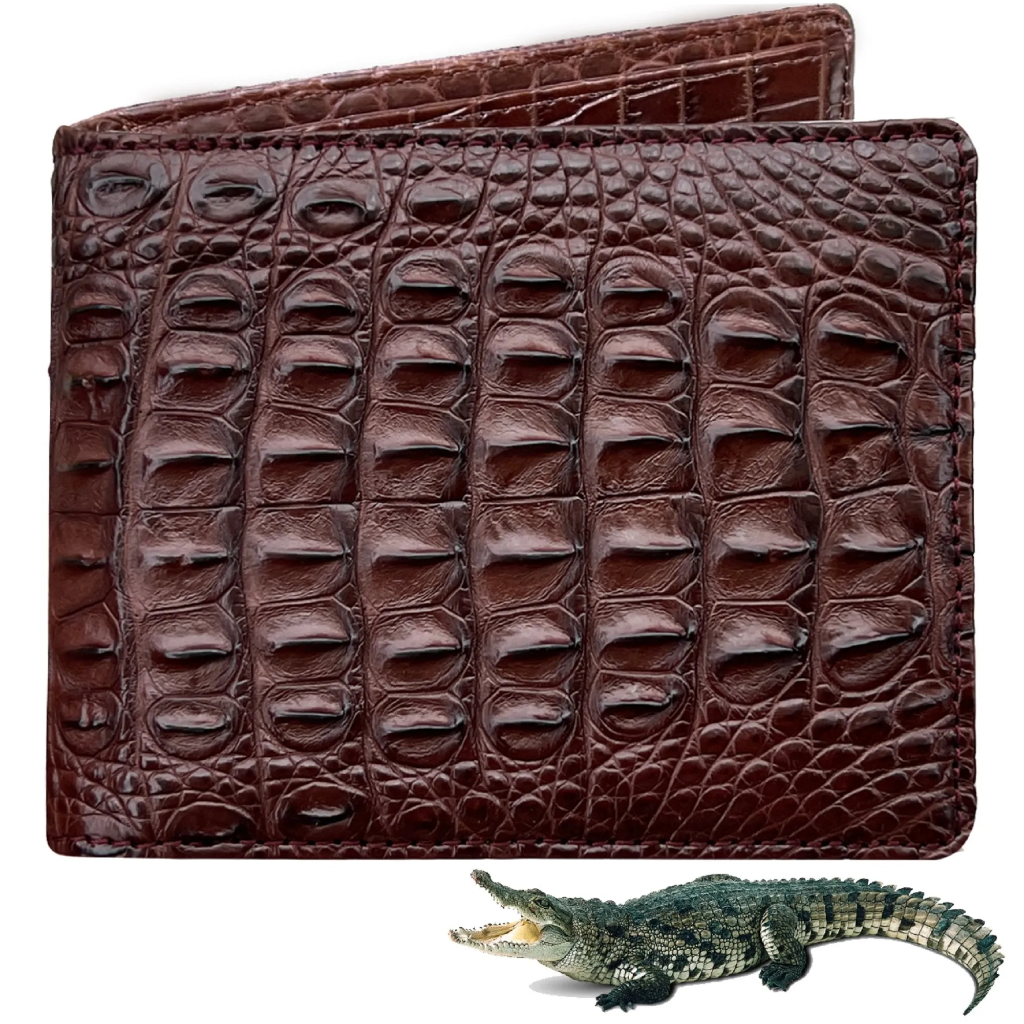 Dark Brown Double Side Alligator Hornback Leather Bifold Wallet For Men RFID Blocking | VINAM-100