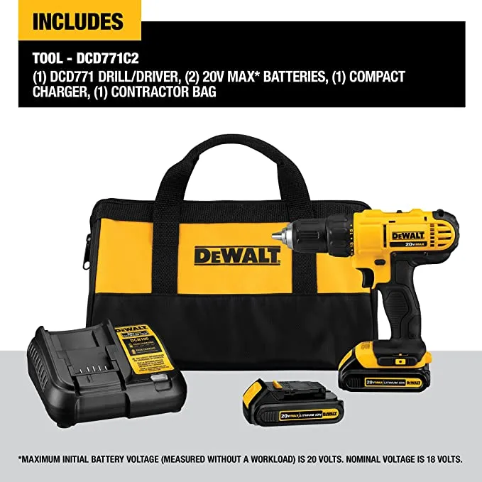 DeWalt - #DCD771C2 - 20V Max Cordless Drill / Driver Kit, Compact, 1/2-Inch