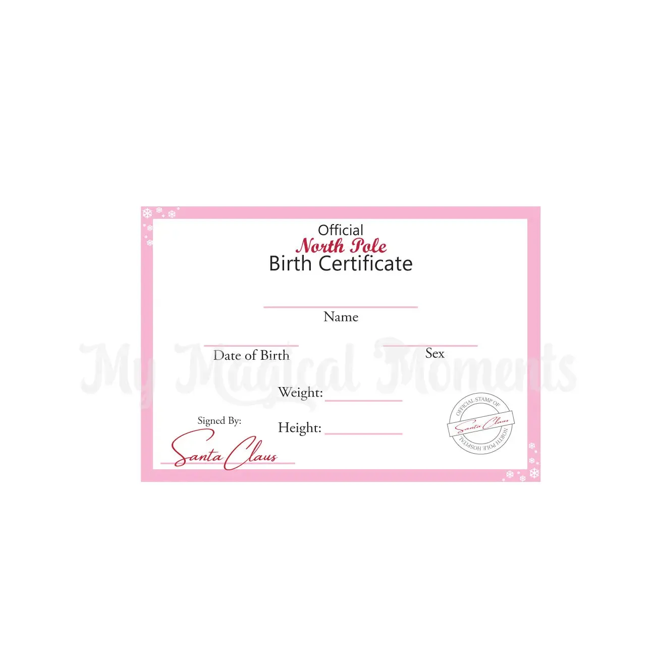 Elf Baby Birth Certificate - Pink