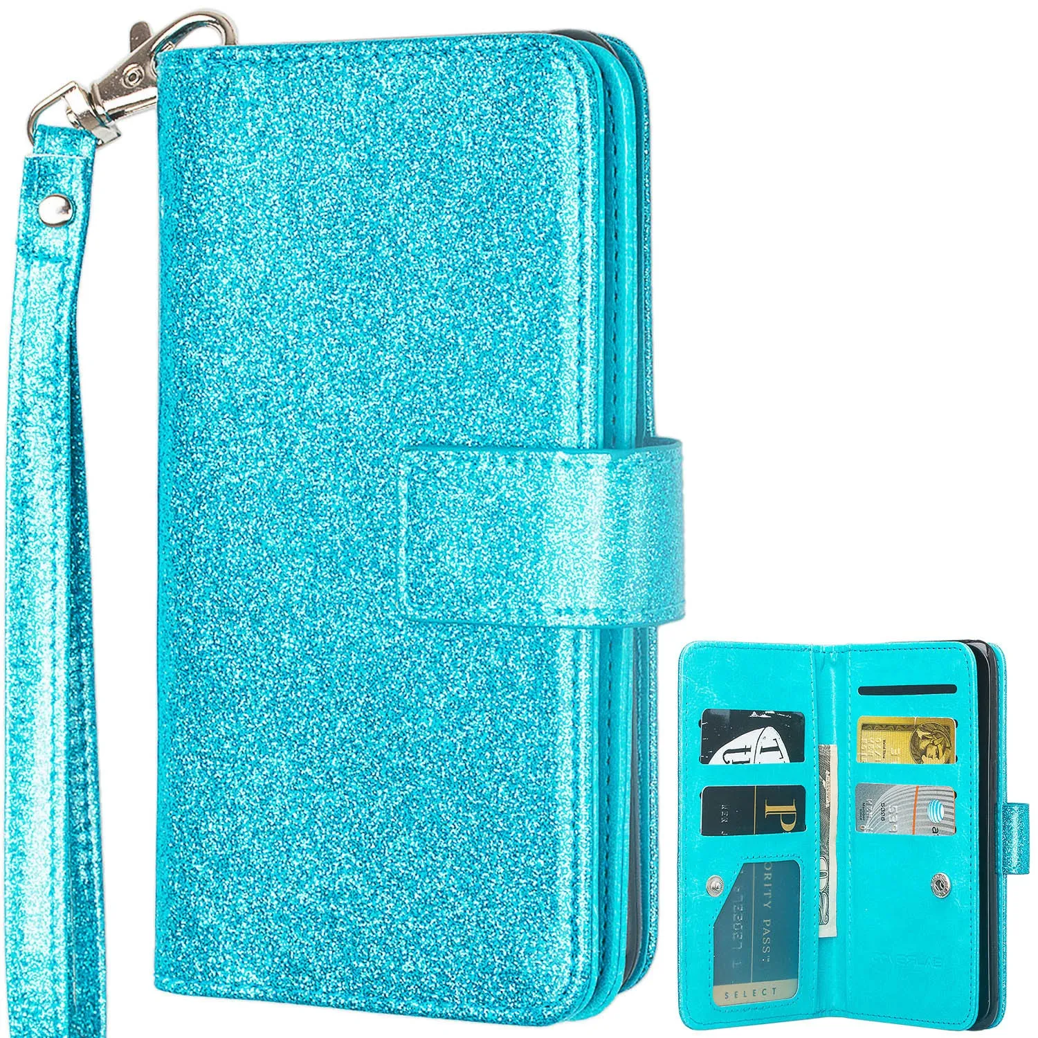 Galaxy S8 Case, Samsung Galaxy S8 Case, Glitter Faux Leather Flip Credit Card Holder Wrist Strap Shockproof Protective Wallet Case Clutch for Samsung Galaxy S8 - Teal