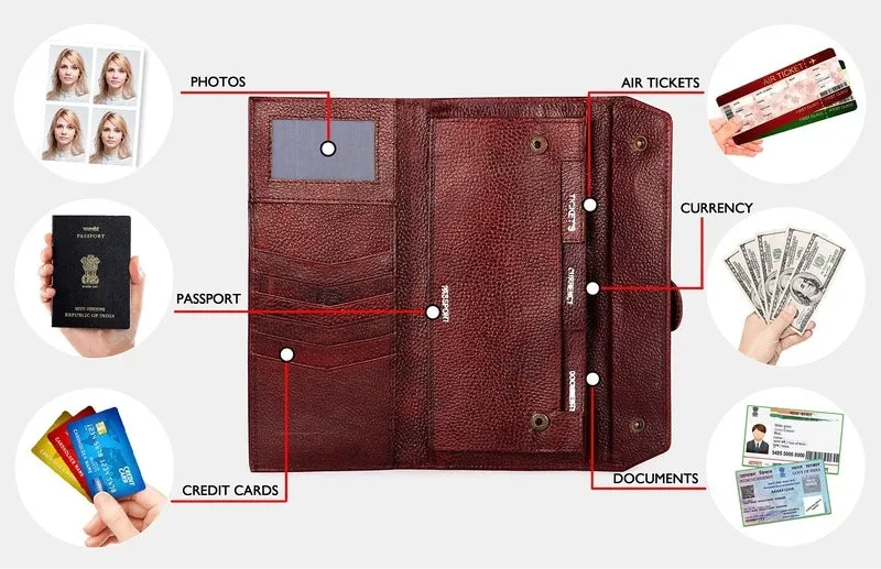 Genuine Leather Passport Wallet - Spacious, Lightweight | Includes Card Holder | 24.5 x 12.5 x 3 CM | Mahogany