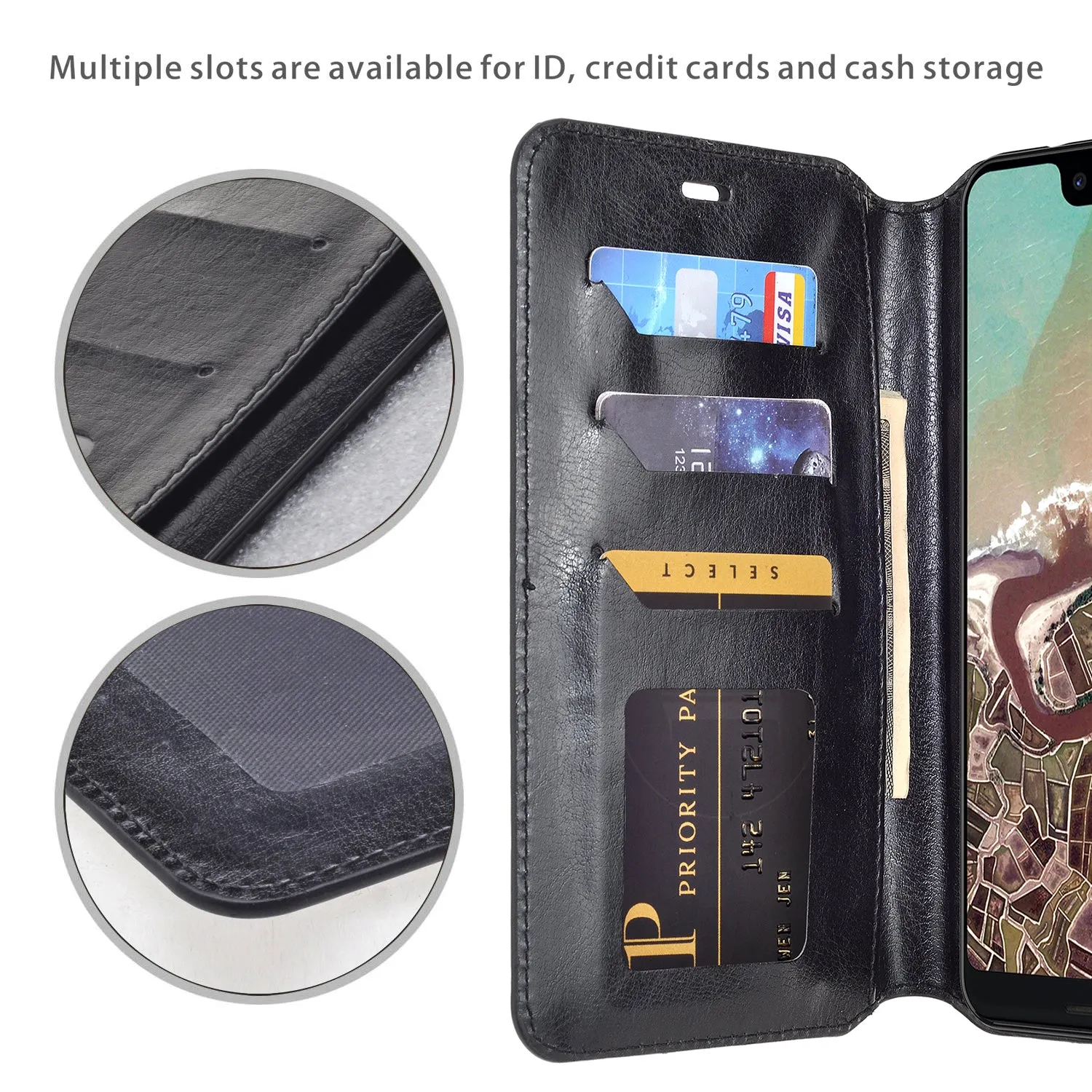 Google Pixel 3a Case, Pixel 3a Wallet Case, Pu Leather Wallet Case [Kickstand] with ID & Credit Card Slots for Pixel 3a  - Black