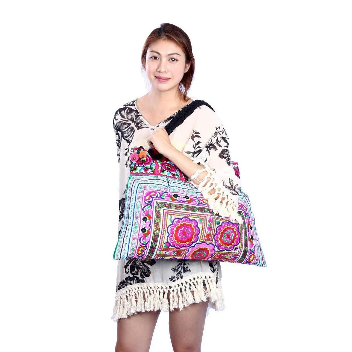 Handcrafted Boho Style Pompom Tote Bag - Thailand