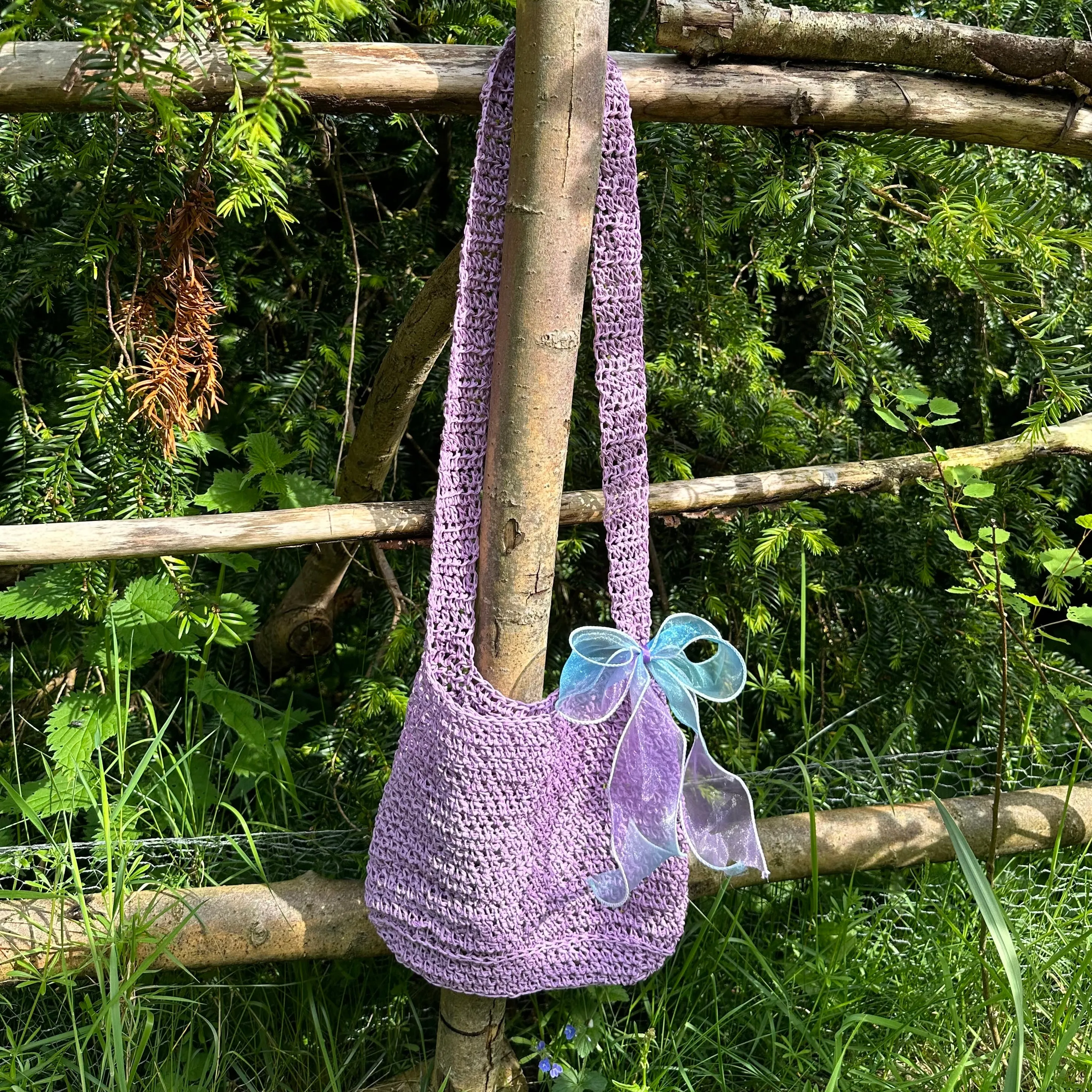 Handmade lilac crochet straw bag with bow - can also be worn crossbody