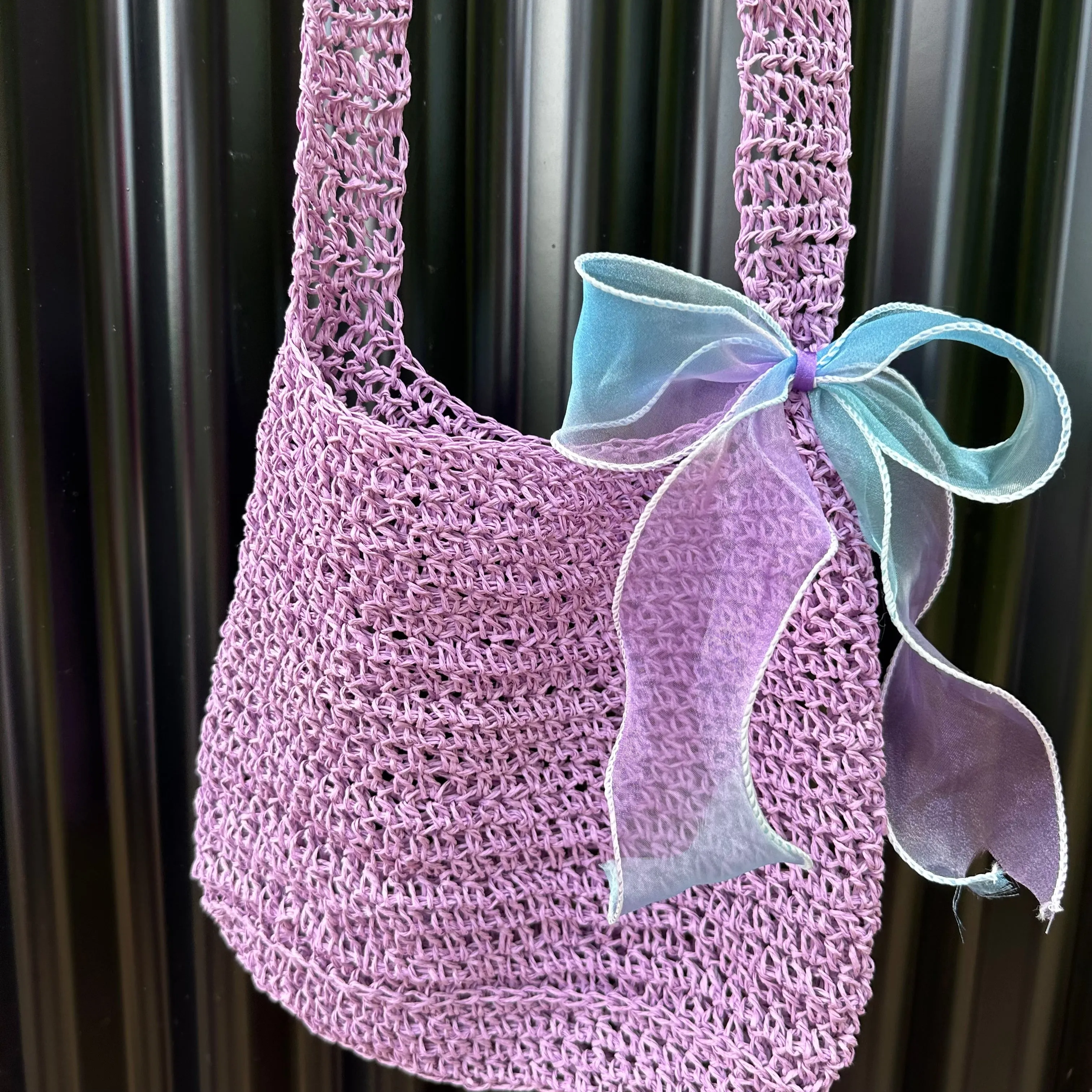 Handmade lilac crochet straw bag with bow - can also be worn crossbody