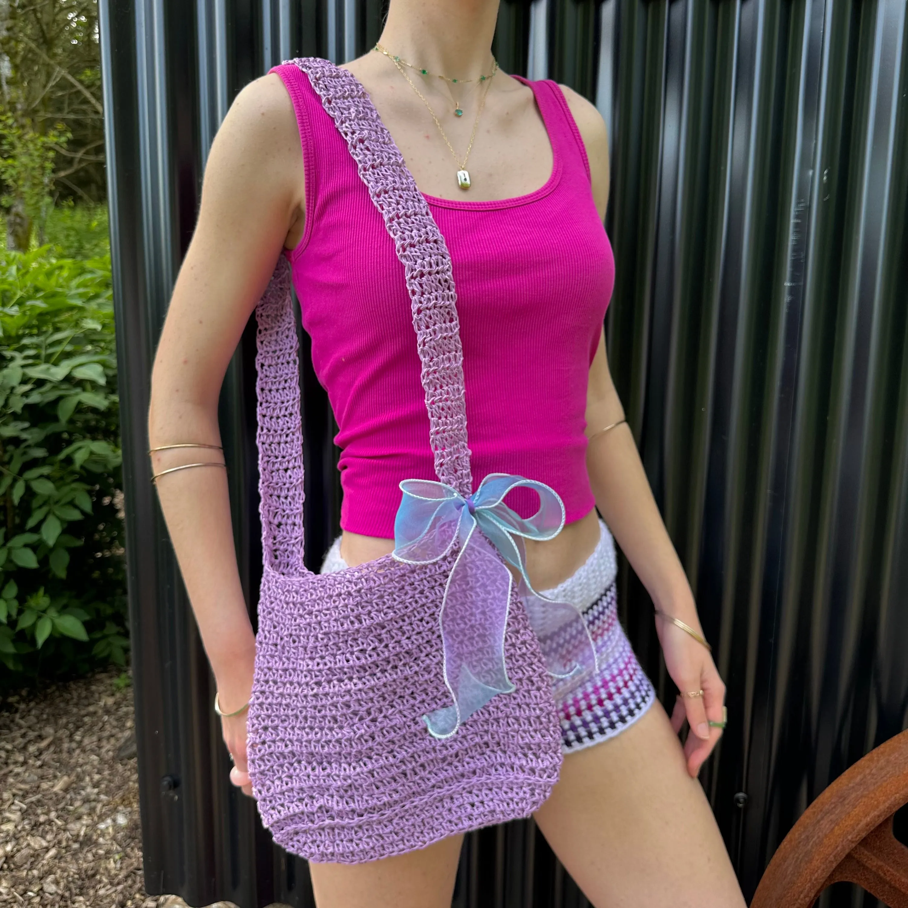 Handmade lilac crochet straw bag with bow - can also be worn crossbody