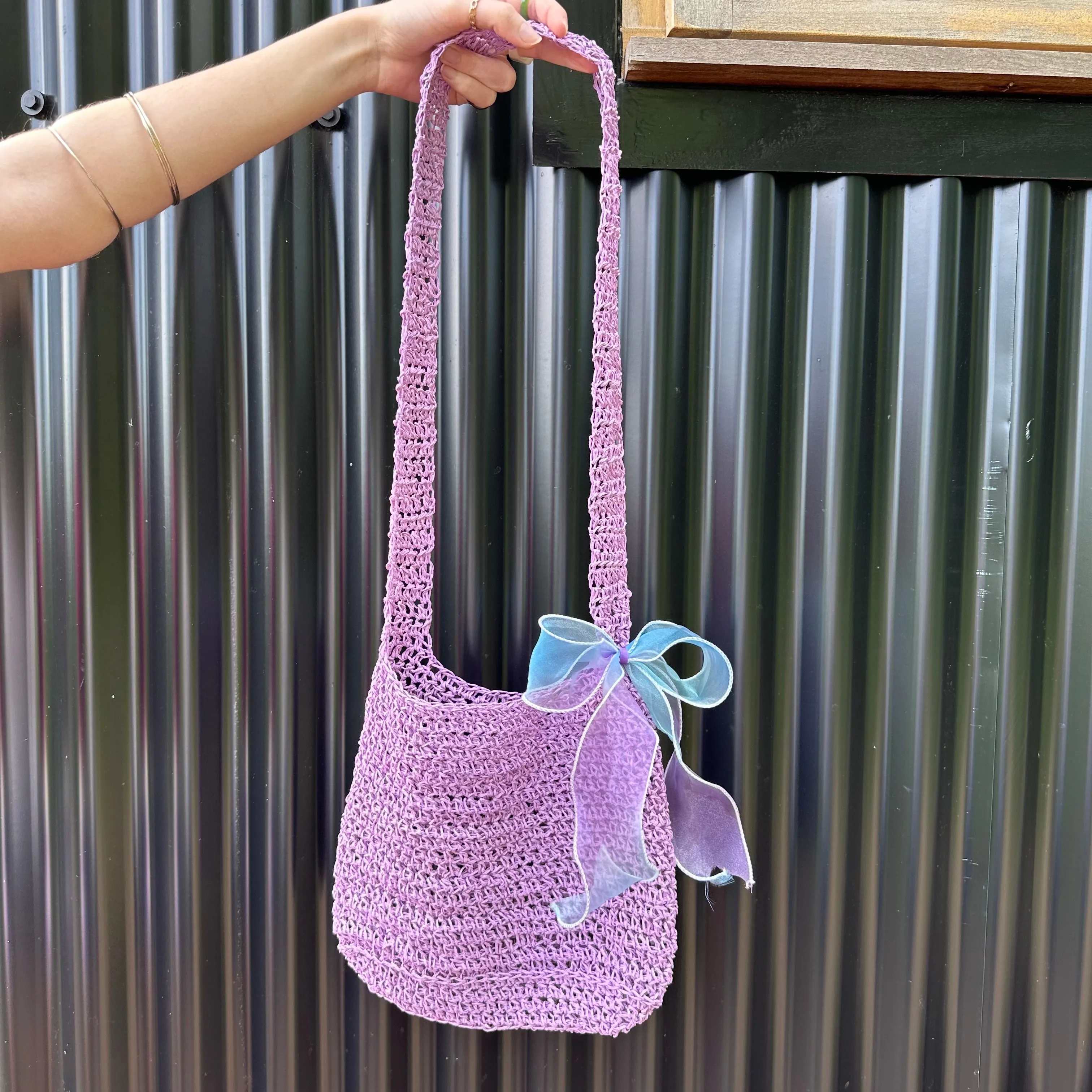 Handmade lilac crochet straw bag with bow - can also be worn crossbody