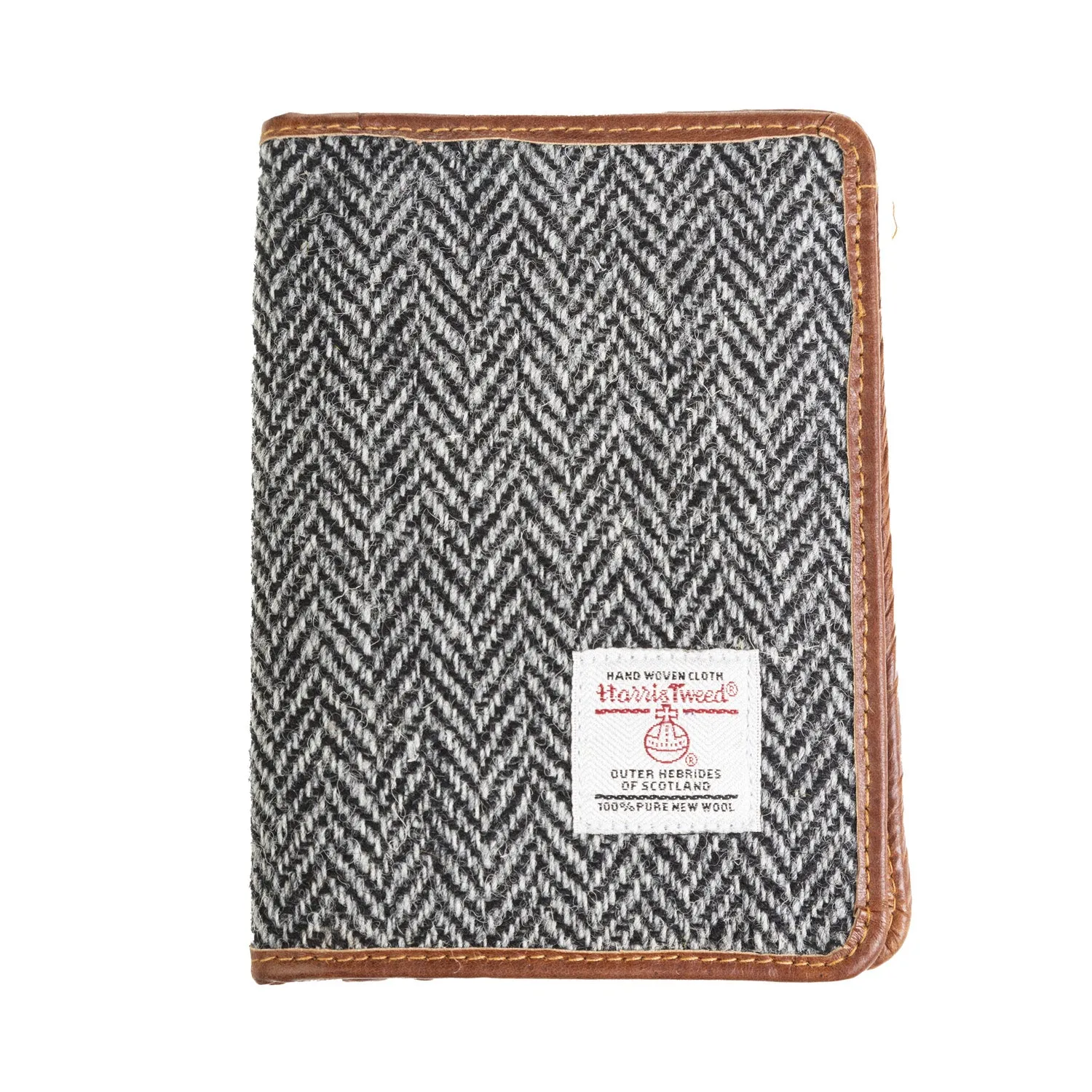 Harris Tweed Leather Passport Cover Black & White Herringbone / Tan