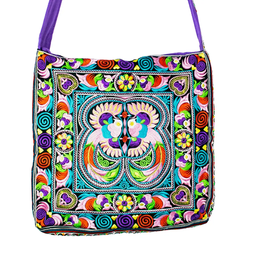 Hmong Birds and Pompoms Cross-body Bag - Thailand