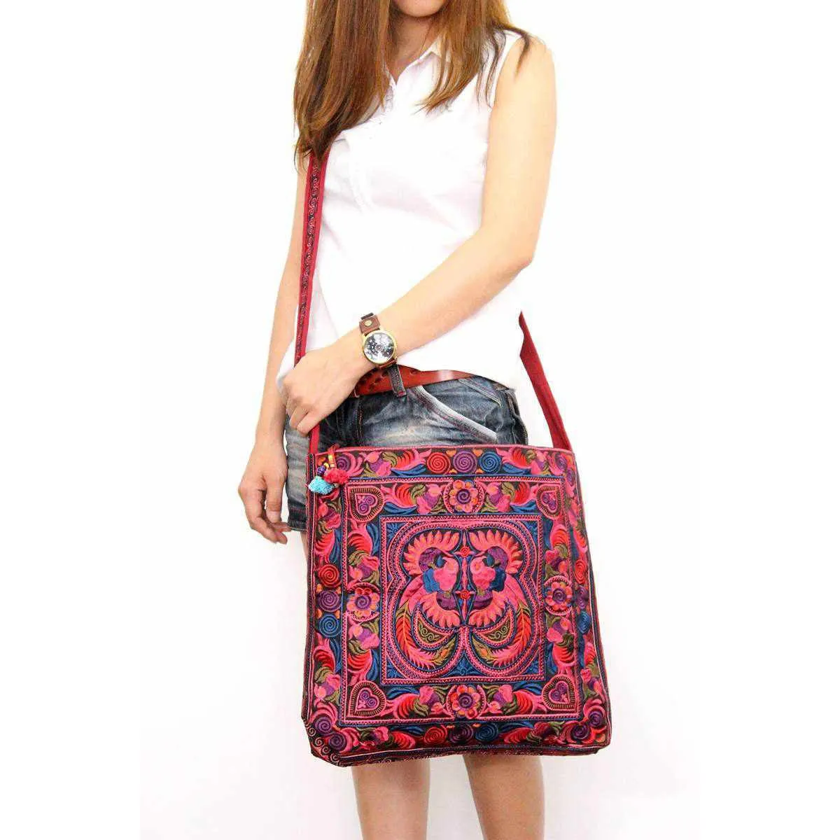 Hmong Birds and Pompoms Cross-body Bag - Thailand