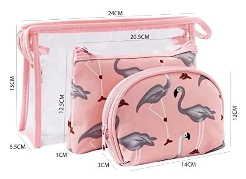 House of Quirk Flamingo Makeup Bag Set for Women's Portable 3 Different Sizes Toiletry Bag for Travel Daily Use for Women's Girl (Flamingo Dark Blue, Set of 3) 23 cms