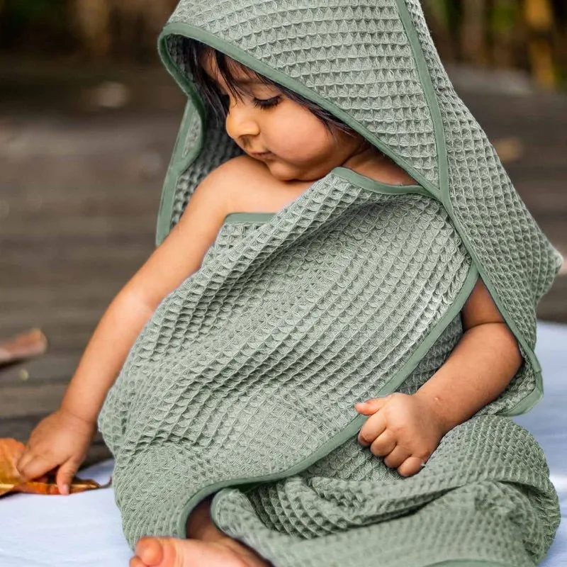 Kids Organic Cotton Waffle Hooded Towel Set